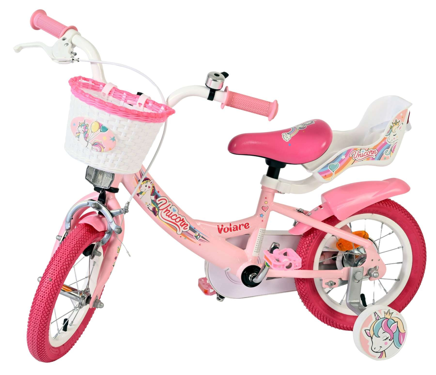 Ein rosafarbenes Kinderfahrrad mit Einhorn-Motiv, weißem Korb und Stützrädern.