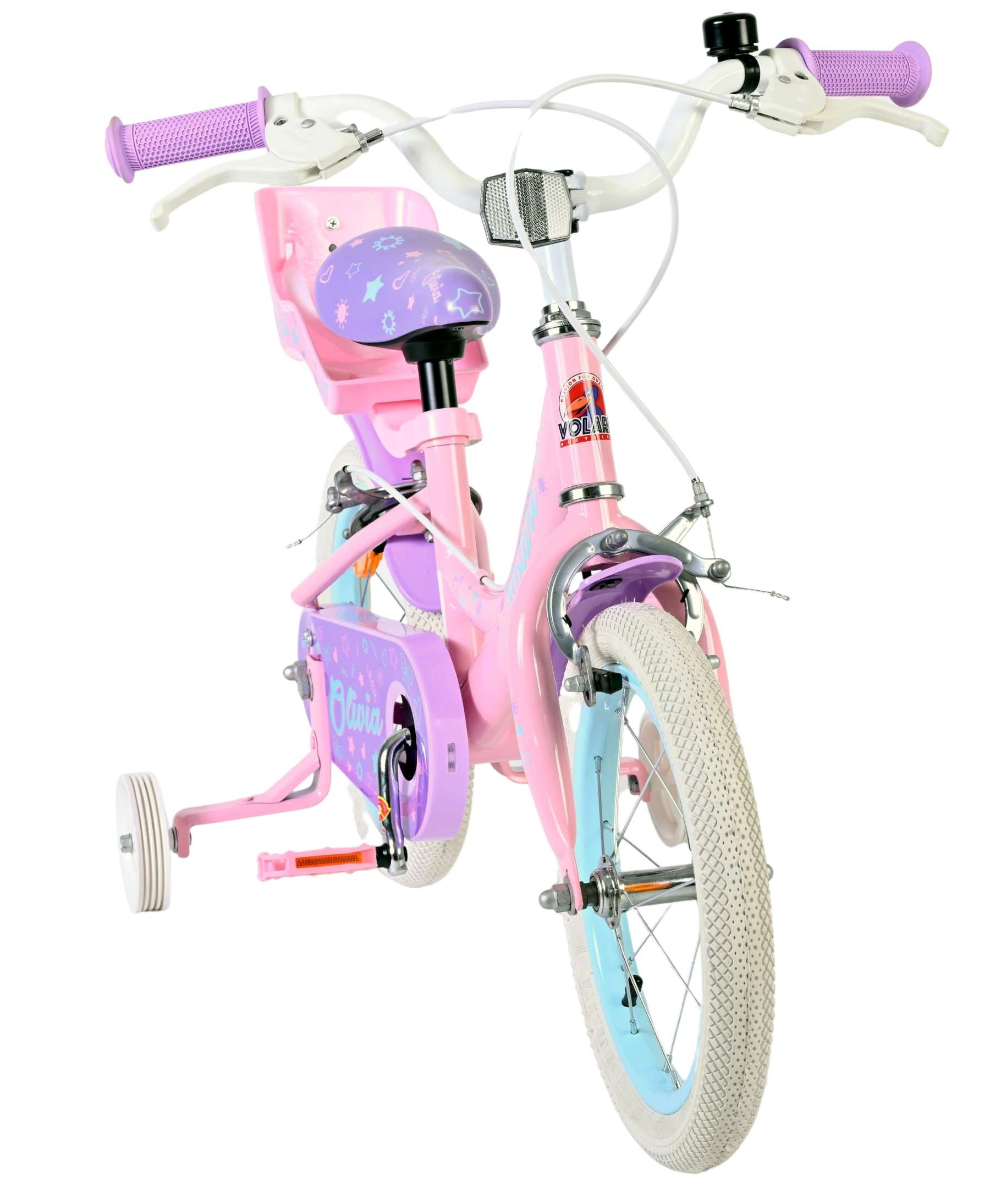Ein rosa Kinderfahrrad mit Stützrädern, lila Griffen und Sitz.