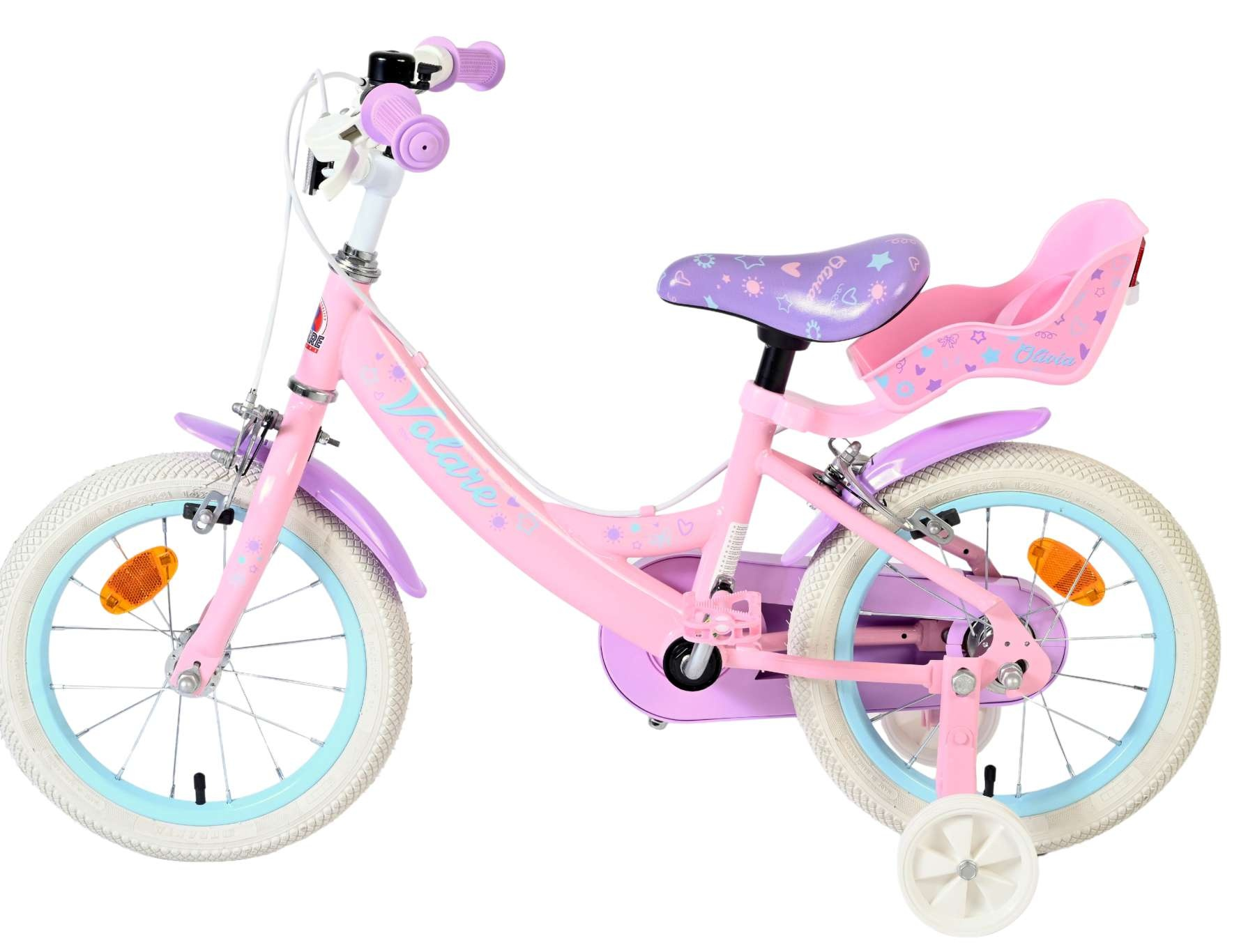 Ein rosafarbenes Kinderfahrrad mit Stützrädern, lila Akzenten und Sternenmuster.