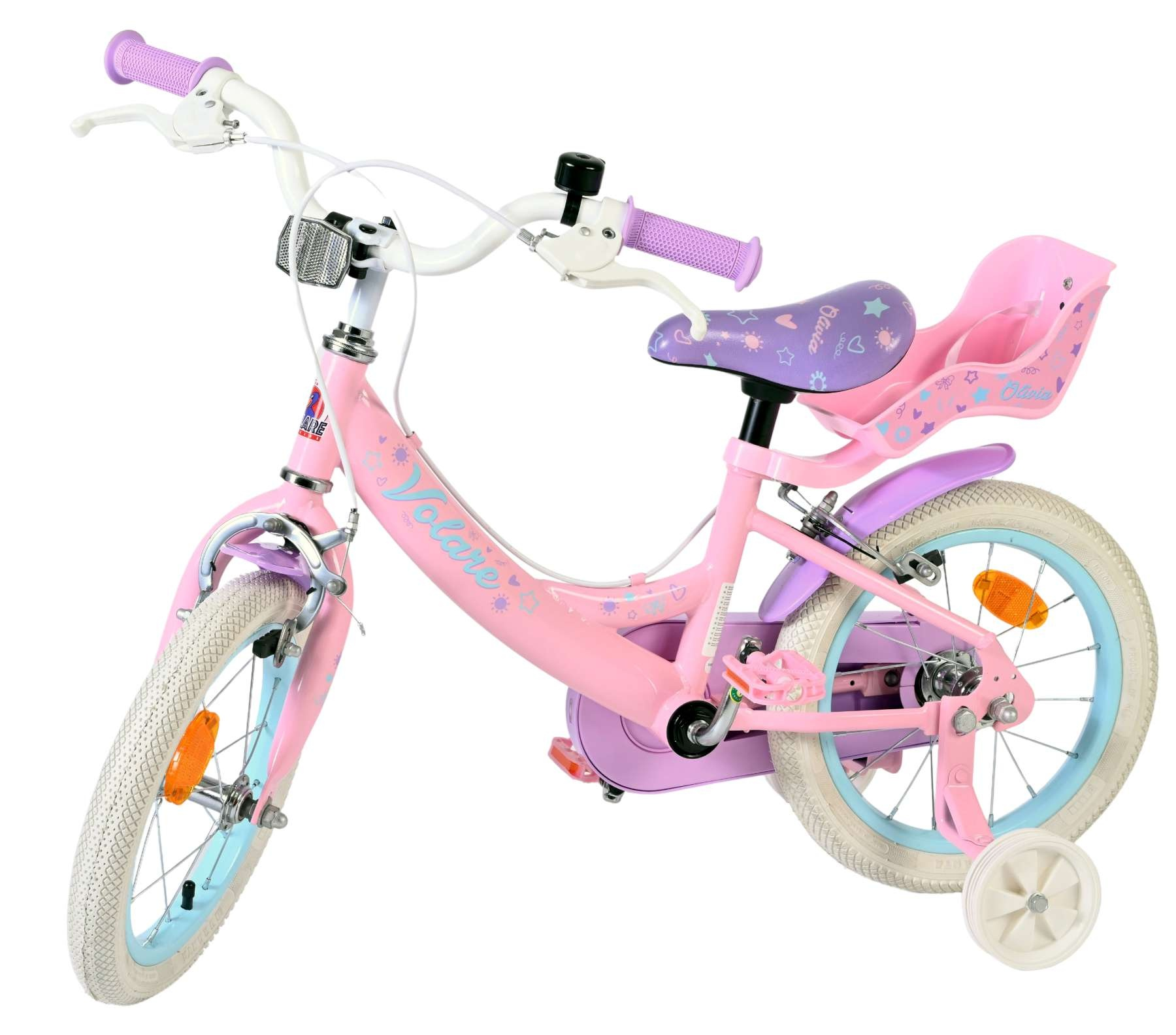 Ein rosa Kinderfahrrad mit Stützrädern, violetten Griffen und Sitz.