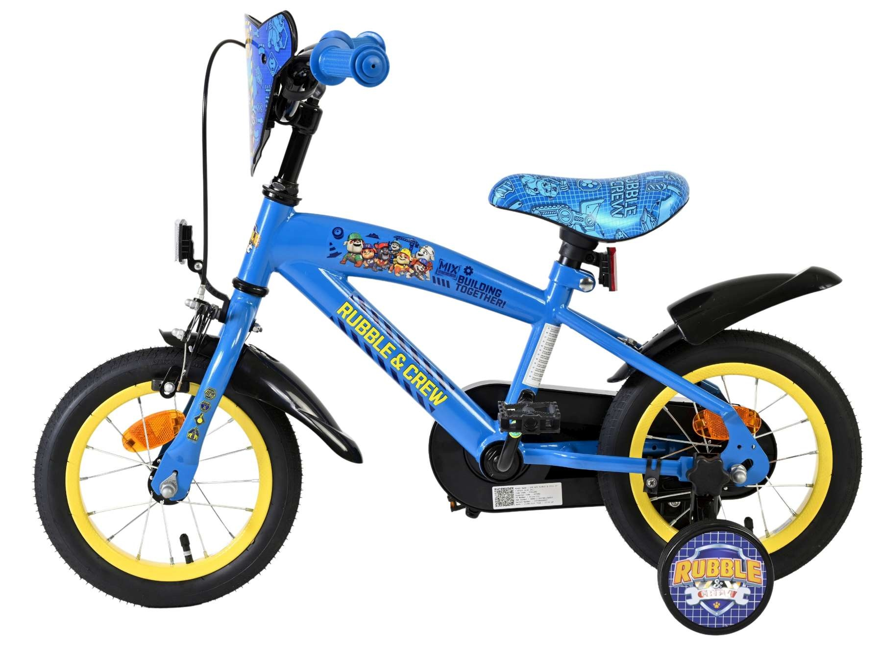Blaues Kinderfahrrad mit "Rubble & Crew"-Motiv, gelben Felgen und Stützrädern.