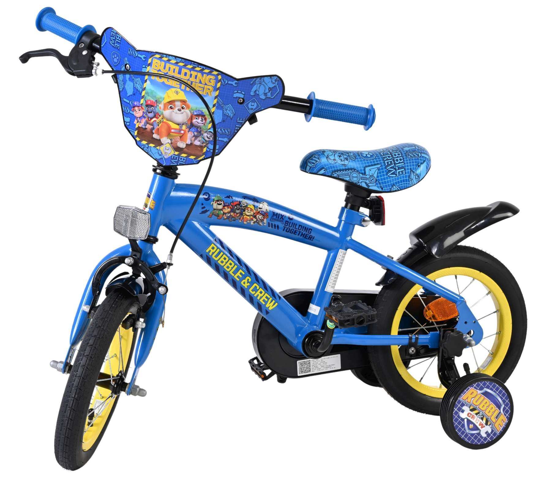 Blaues Kinderfahrrad mit Paw Patrol-Motiven, Stützrädern und gelben Felgen.