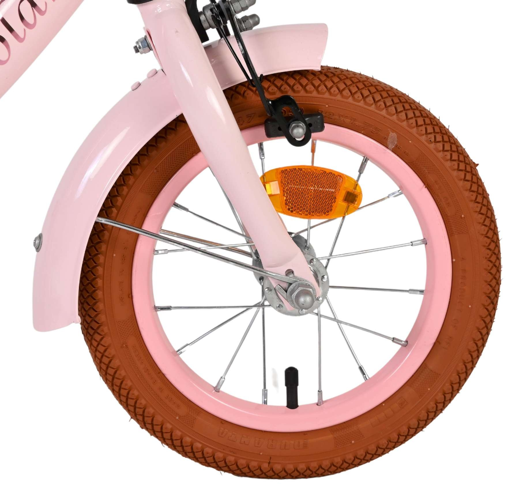Rosa Fahrradgabel mit braunem Reifen, pinkem Felge und Speichen.