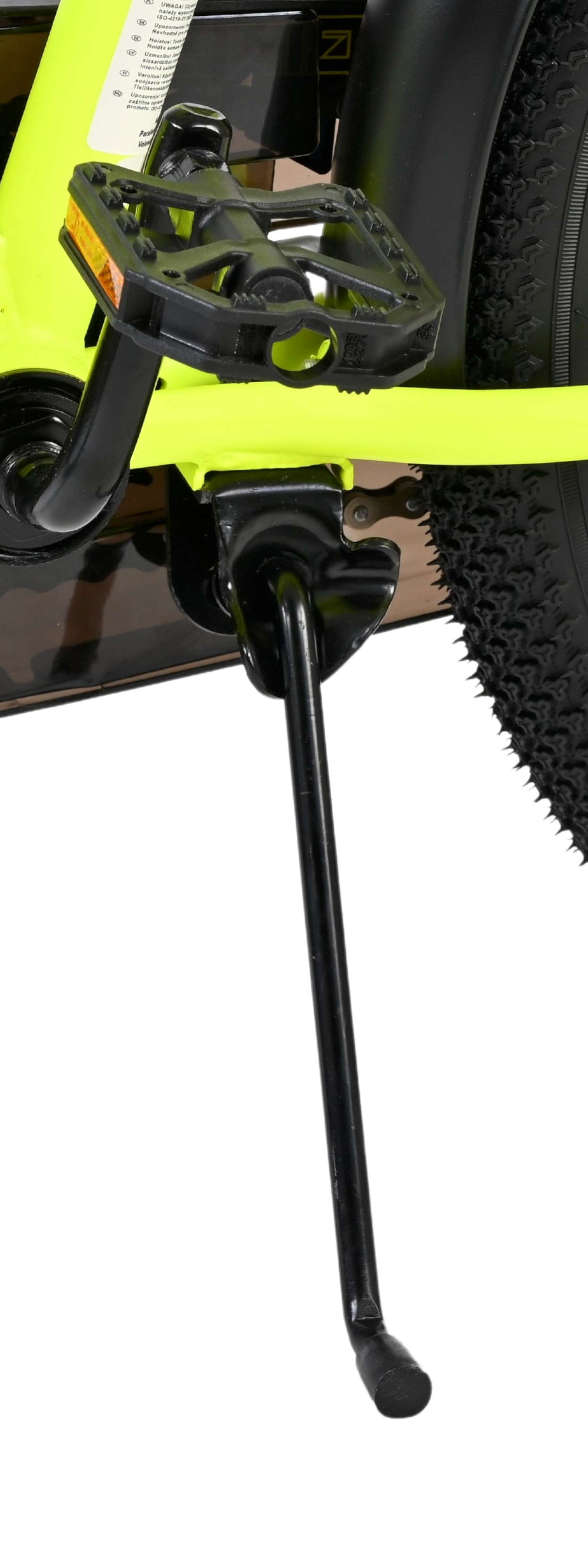 Ein Fahrrad-Seitenständer ist schwarz und mit einem gelben Rahmen verbunden.