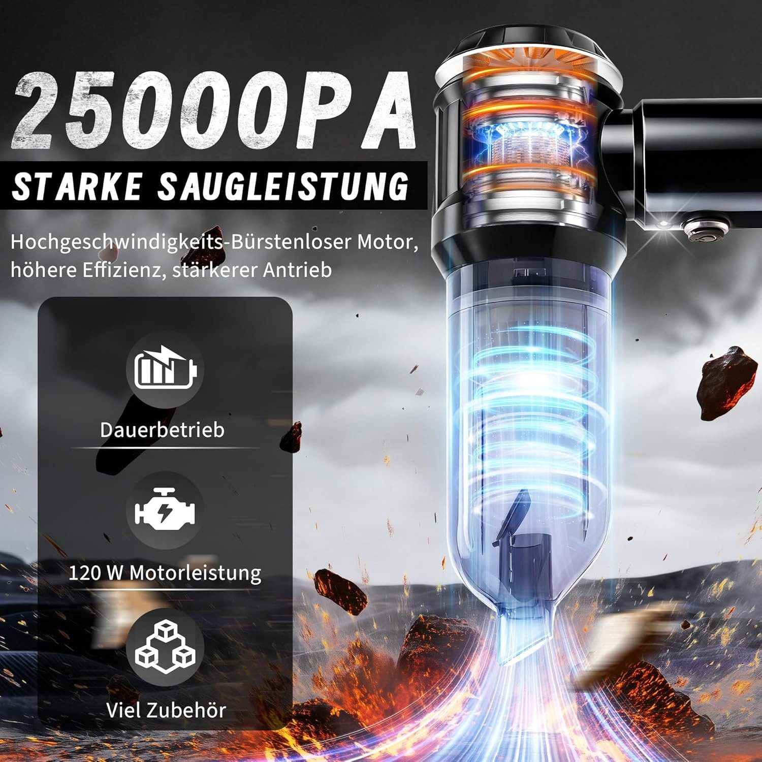 Mocne ssanie 25000PA z silnikiem bezszczotkowym i 120W.
