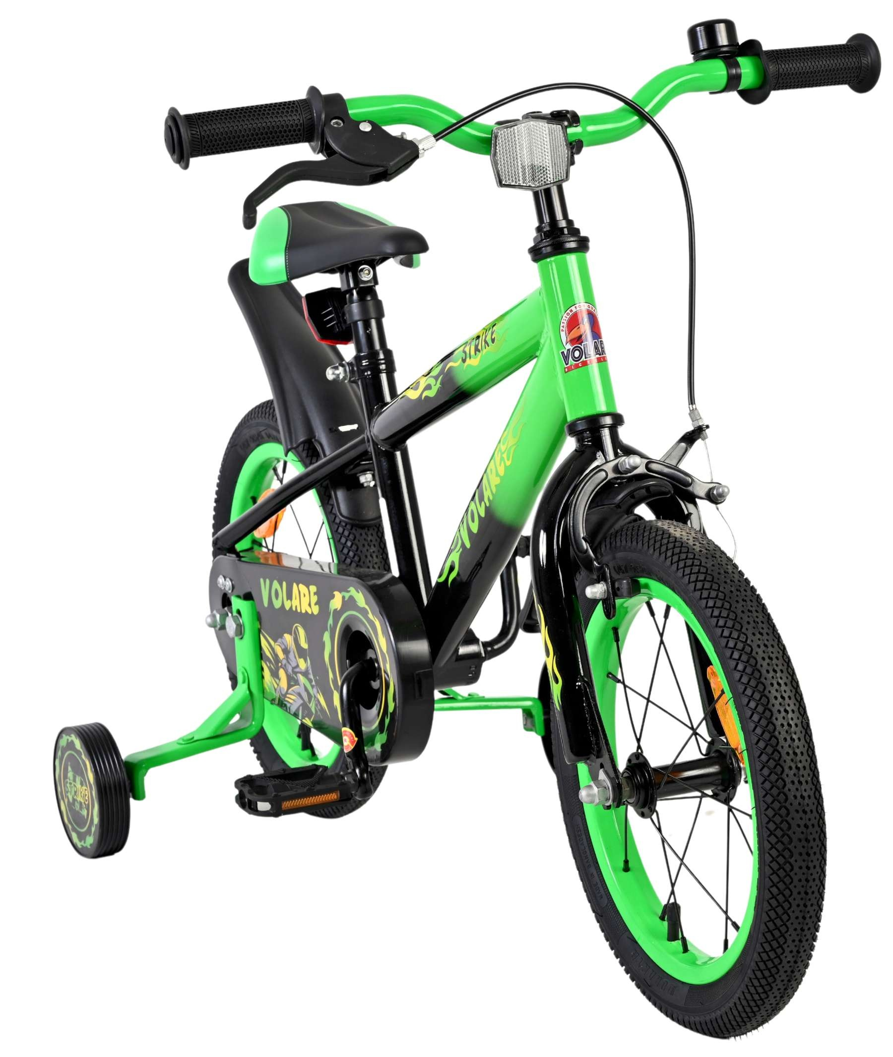 Ein grünes Kinderfahrrad mit Stützrädern, schwarz-grünem Rahmen und Reifen.