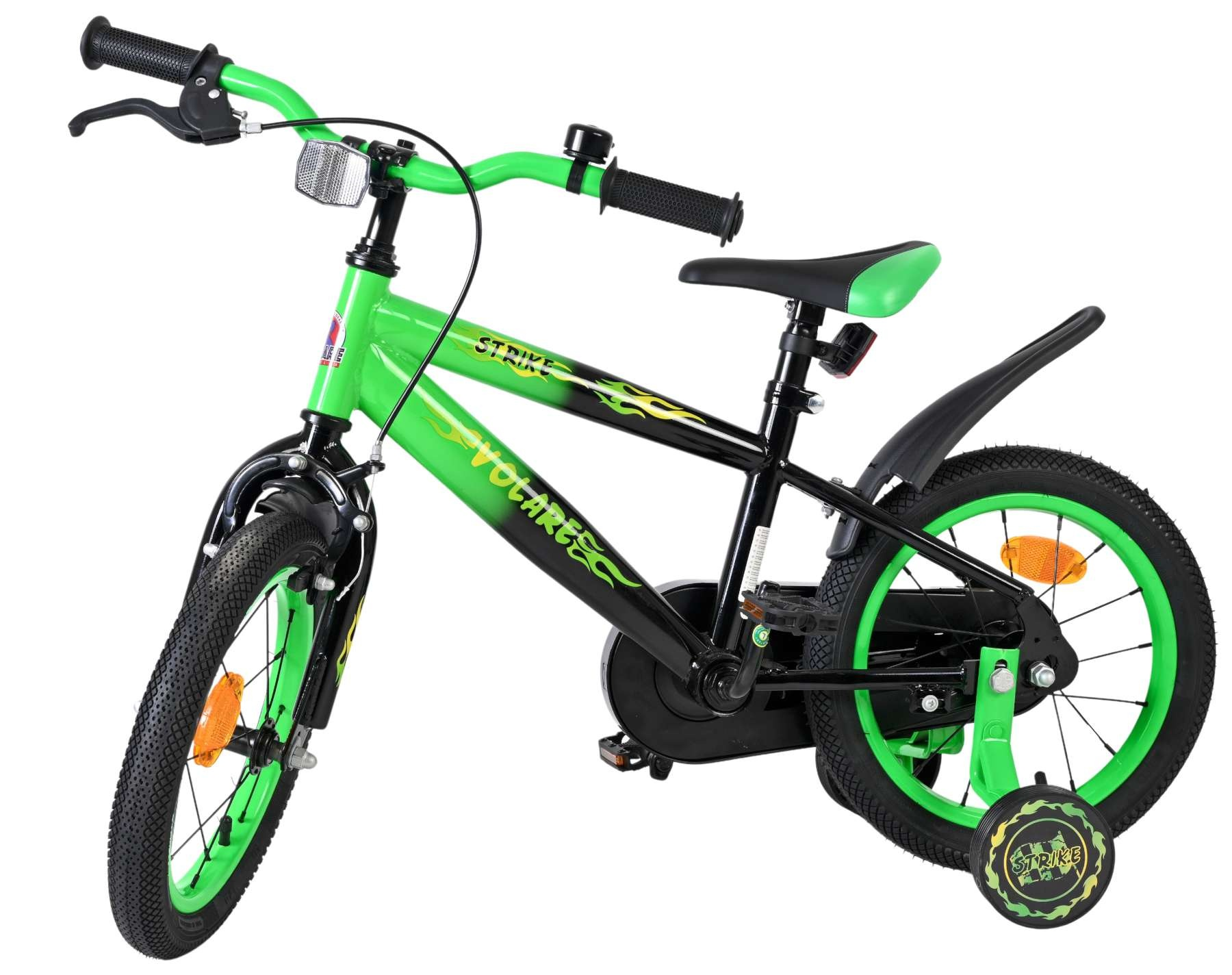 Ein grünes und schwarzes Kinderfahrrad mit Stützrädern und Flammenaufklebern.