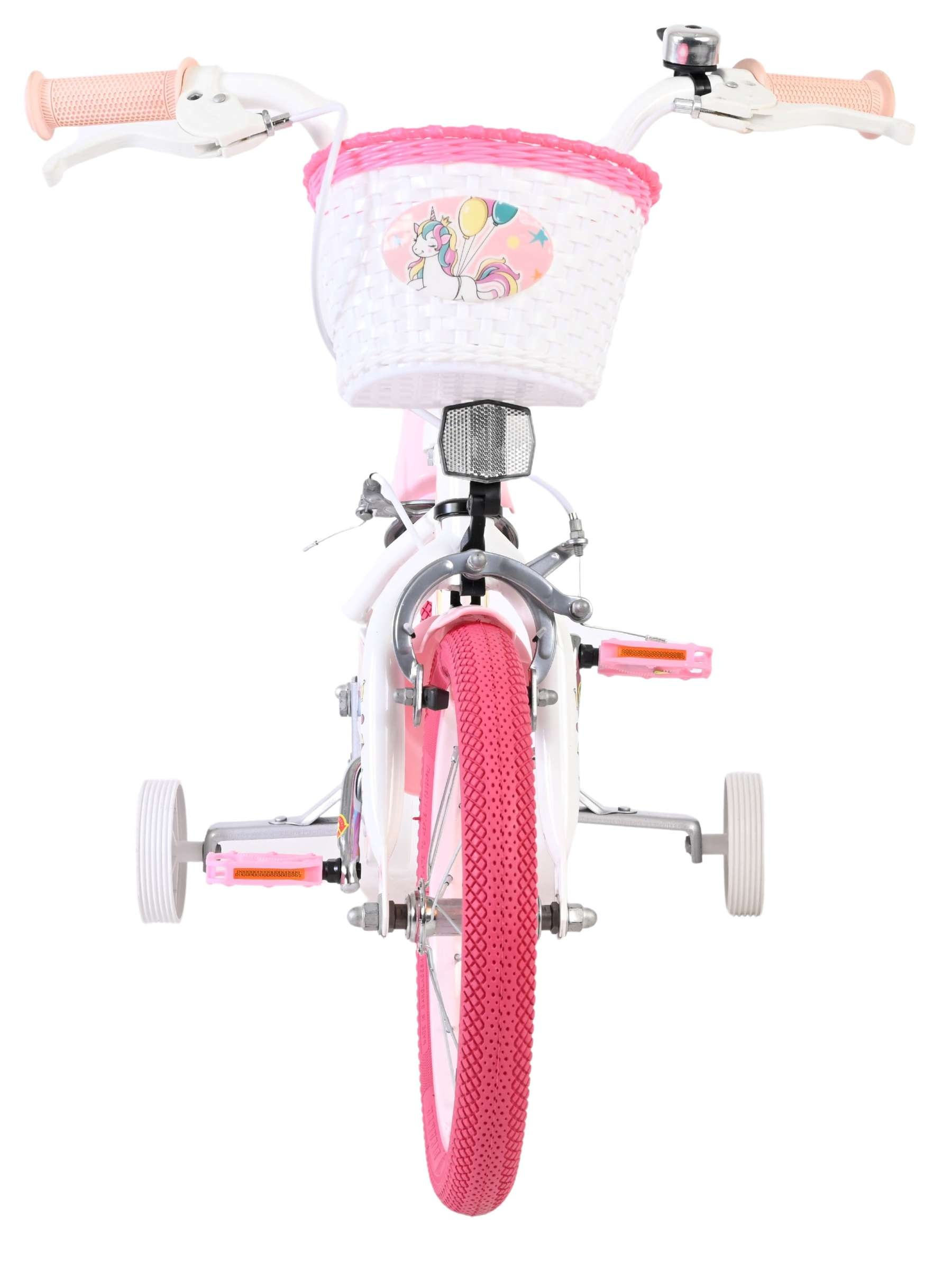 Ein rosa Kinderfahrrad mit Stützrädern, einem weißen Korb und Einhorn-Aufkleber.