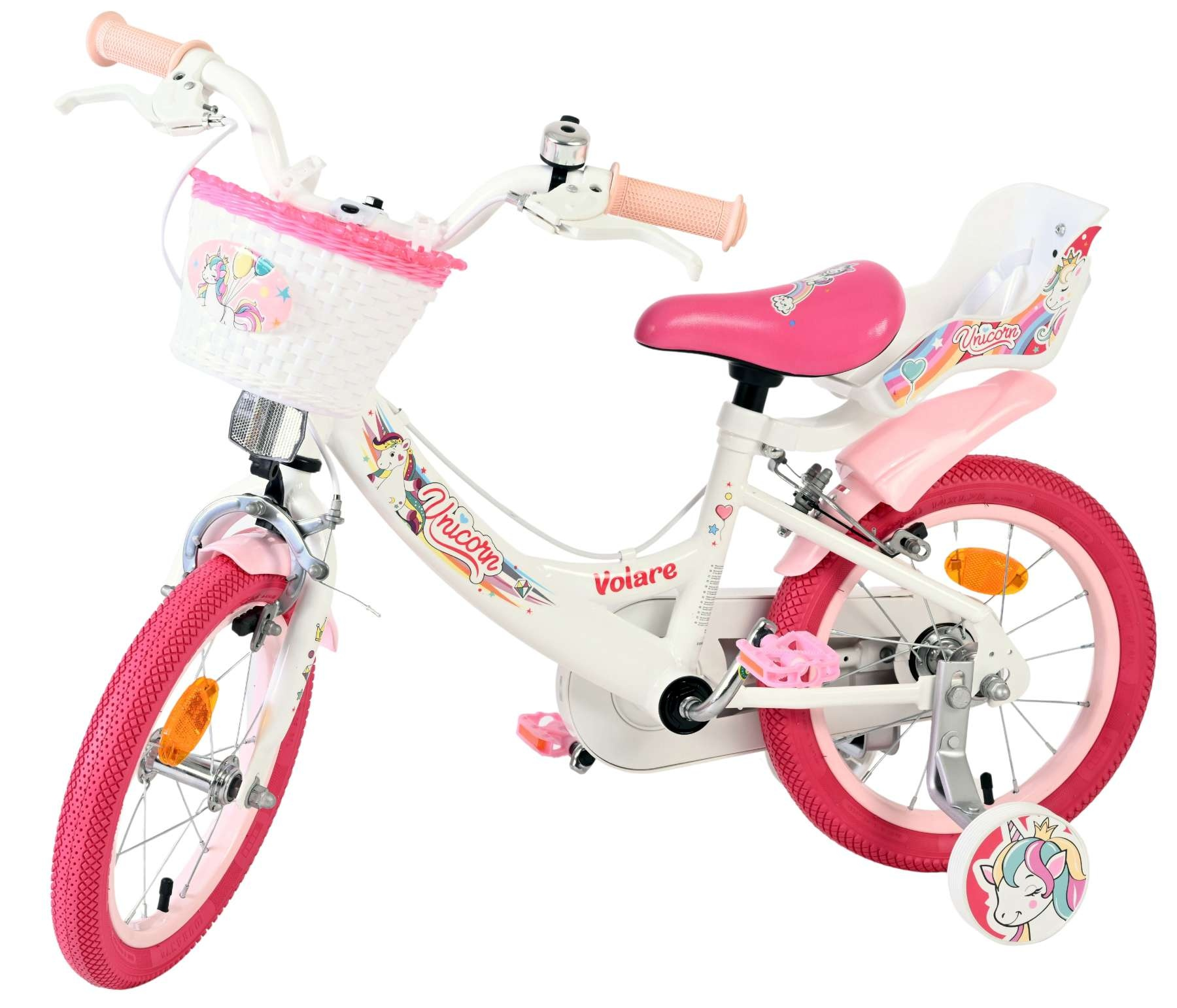 Ein weißes Kinderfahrrad mit rosa Reifen, Korb und Einhorn-Motiven.