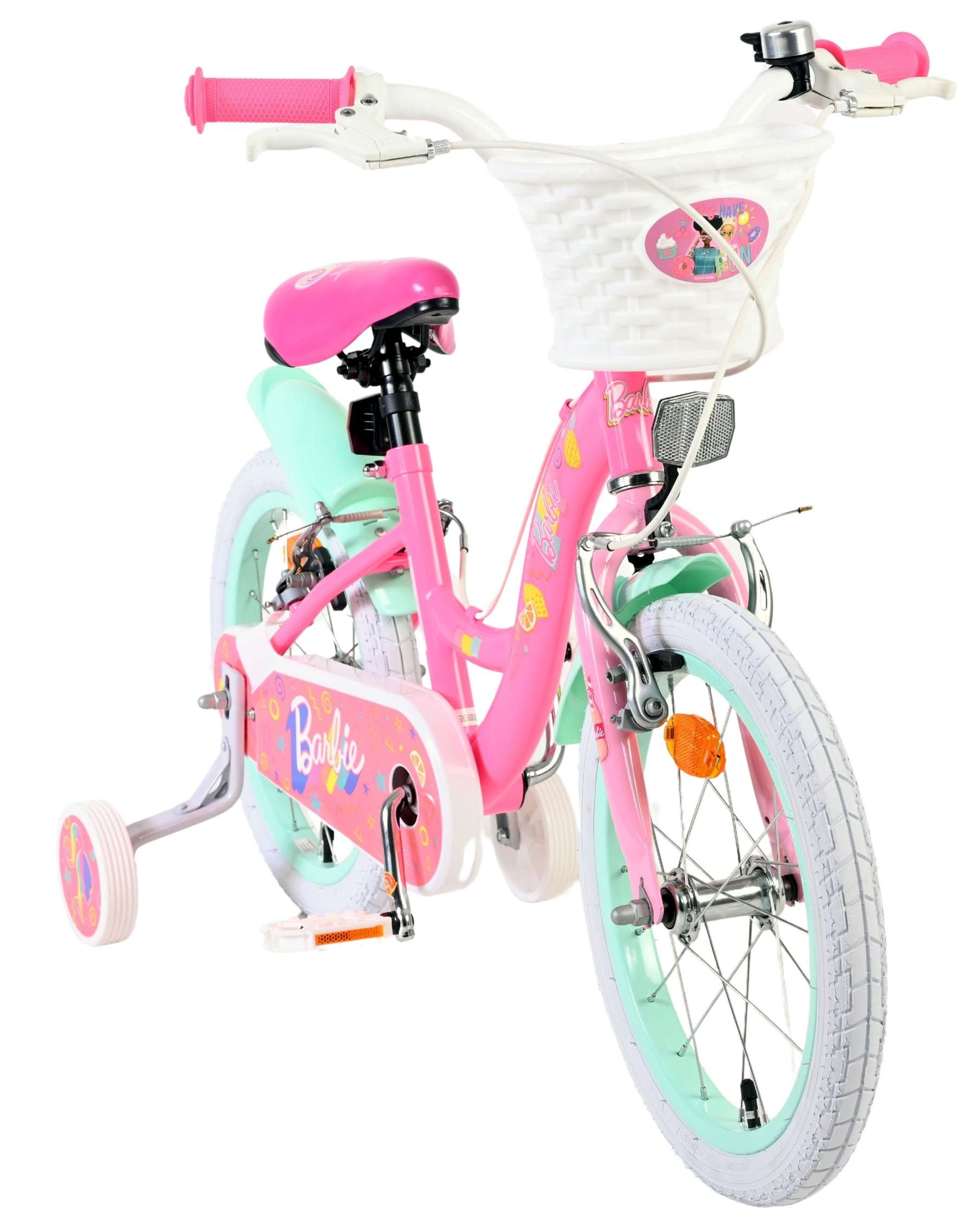 Ein rosa Barbie-Fahrrad mit Stützrädern, weißem Korb und mintgrünen Akzenten.