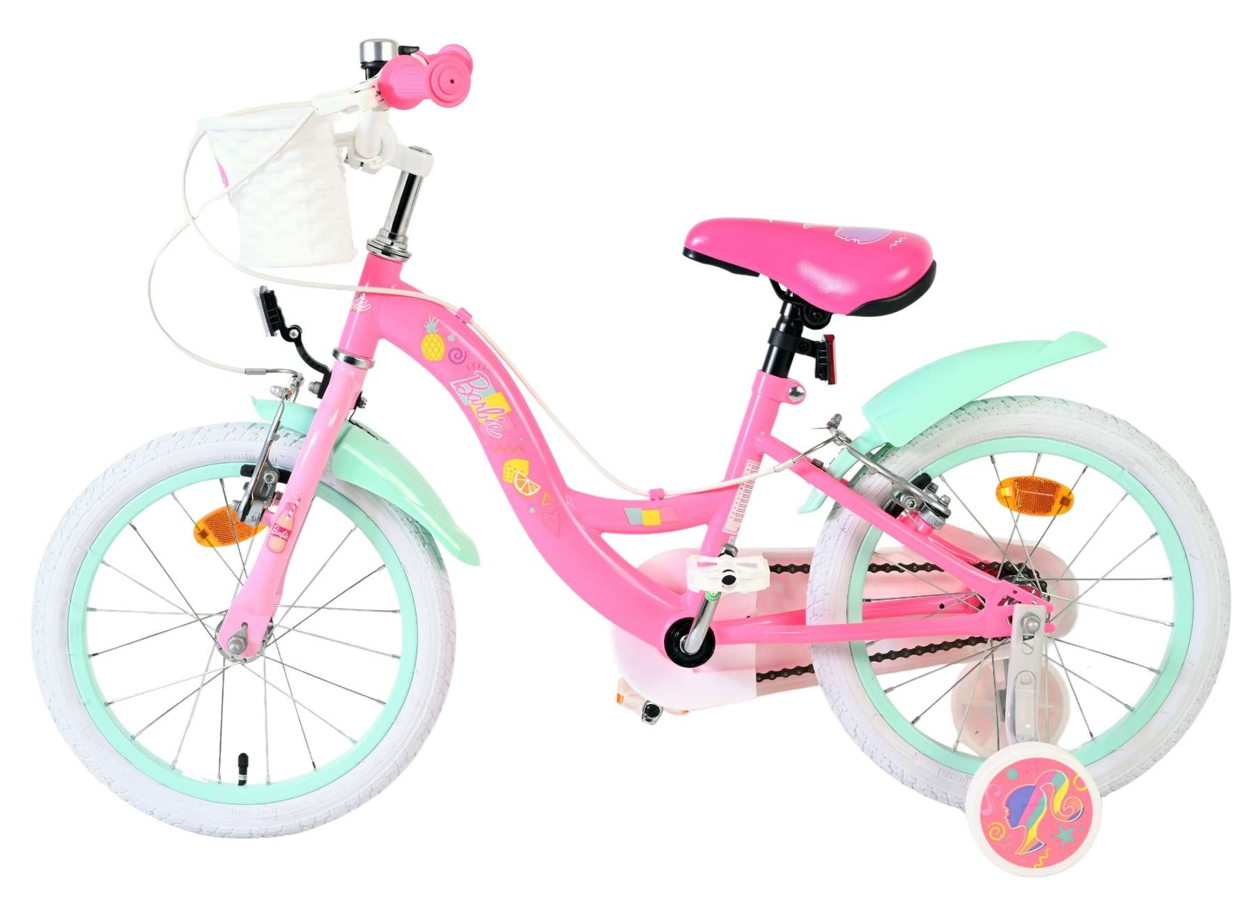 Ein rosafarbenes Barbie-Fahrrad mit mintgrünen Schutzblechen und weißen Reifen.