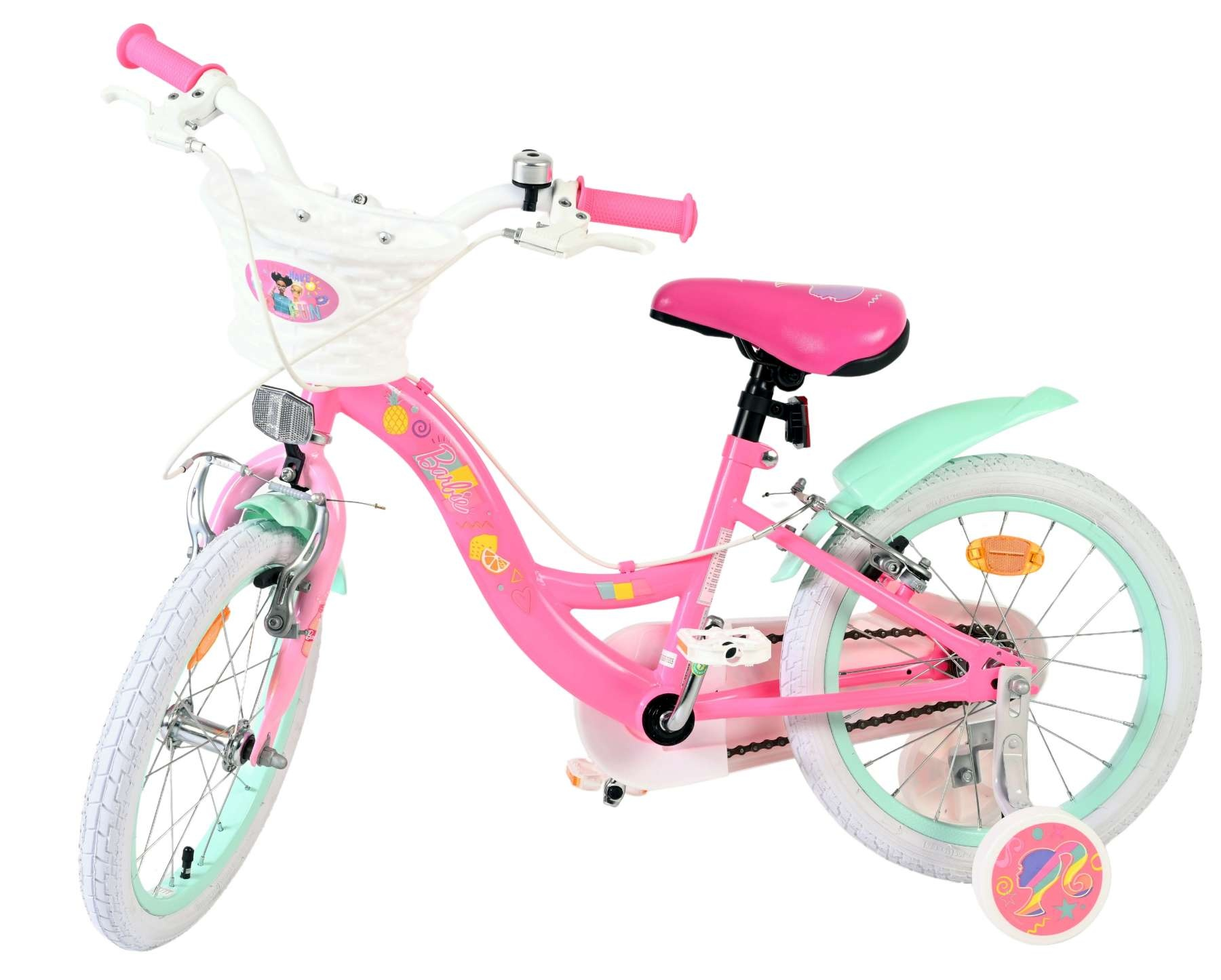 Ein rosa Barbie-Fahrrad mit weißen Reifen und mintgrünen Akzenten.