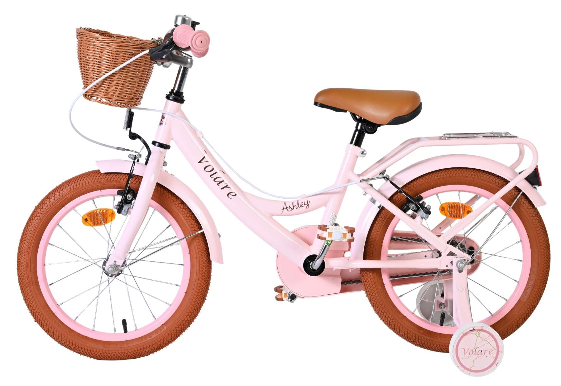 Rosa Mädchenfahrrad mit braunen Rädern, Korb und Stützrädern.