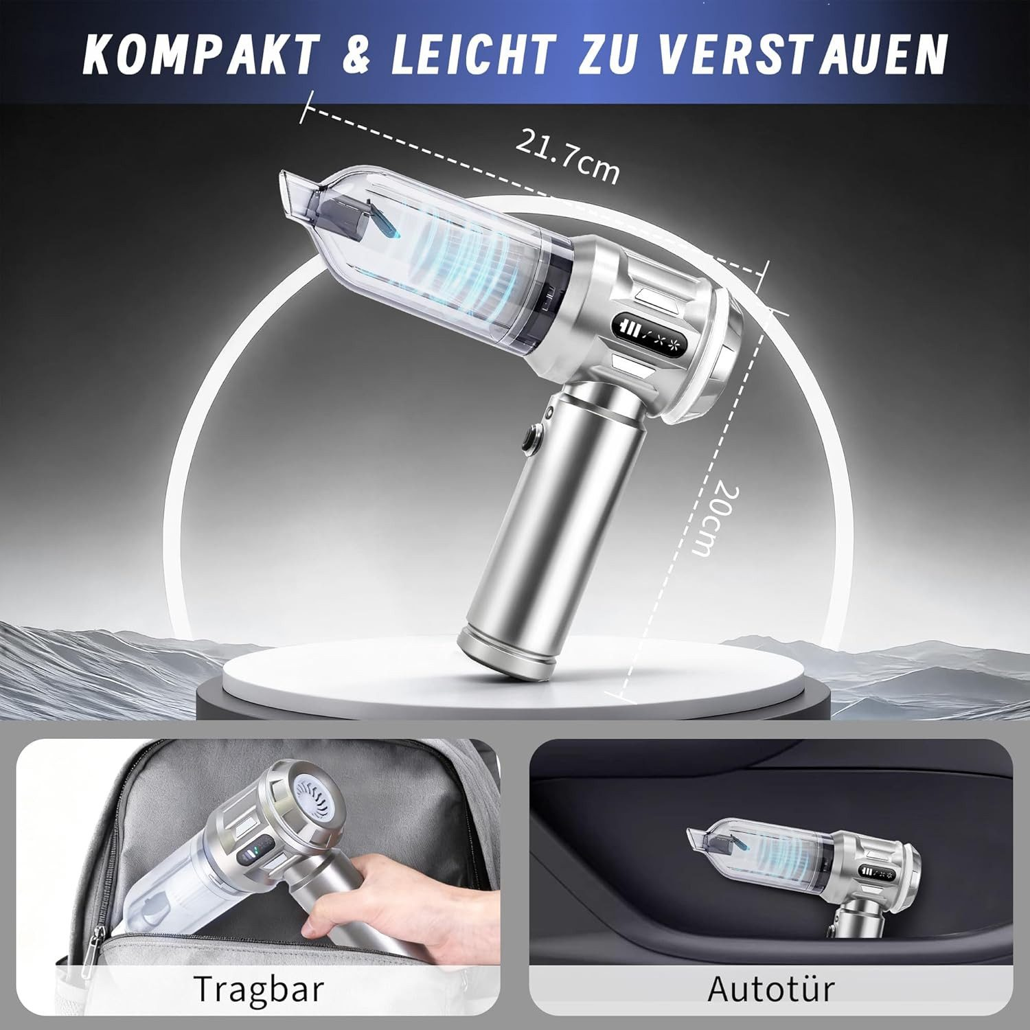 Srebrny odkurzacz ręczny z przezroczystym pojemnikiem, wymiary 21,7x20cm.