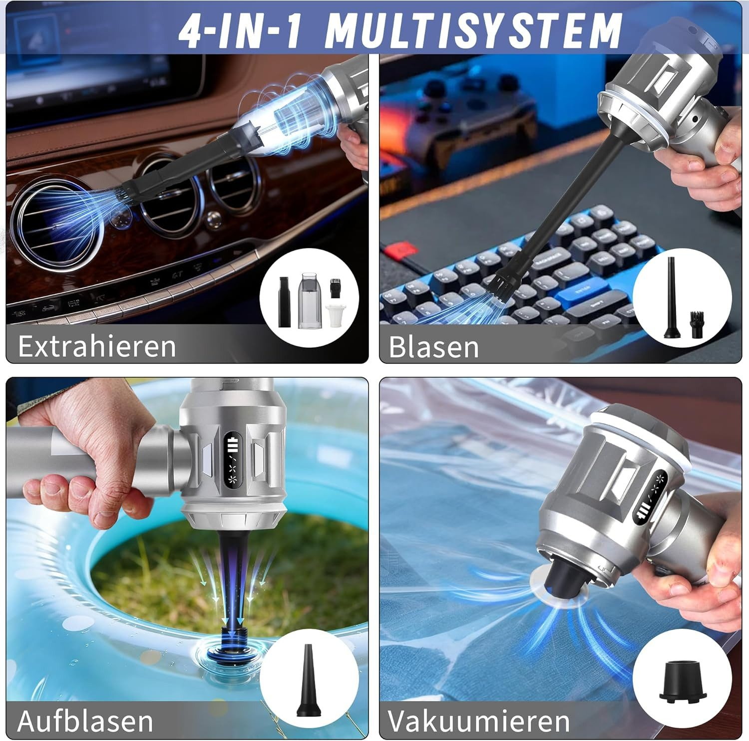 Cztery funkcje: czyścić wnętrze auta, dmuchać na klawiaturę, pompować, odkurzać.