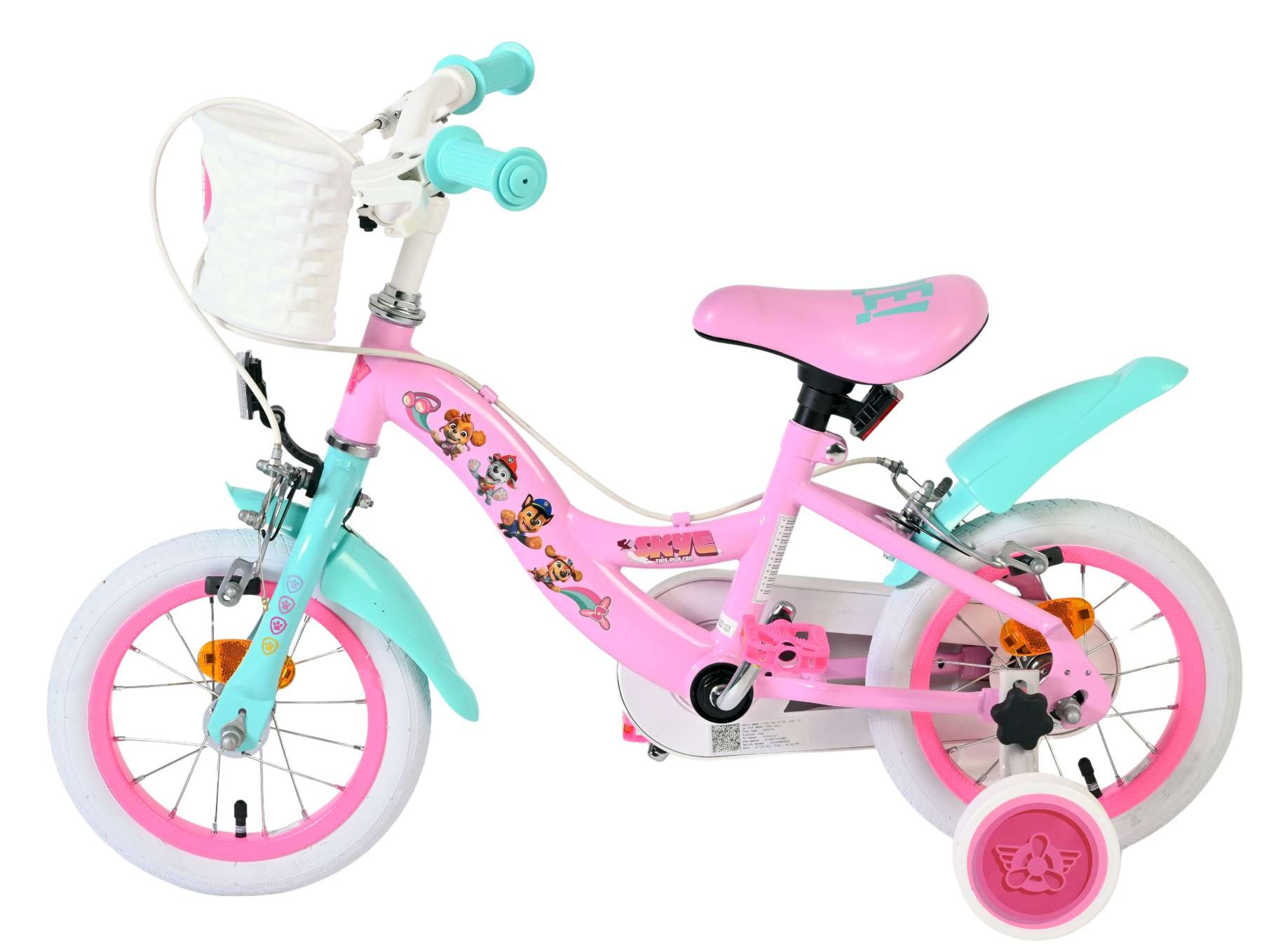 Ein pinkes Kinderfahrrad mit Paw Patrol-Motiven, Stützrädern und einem weißen Korb.