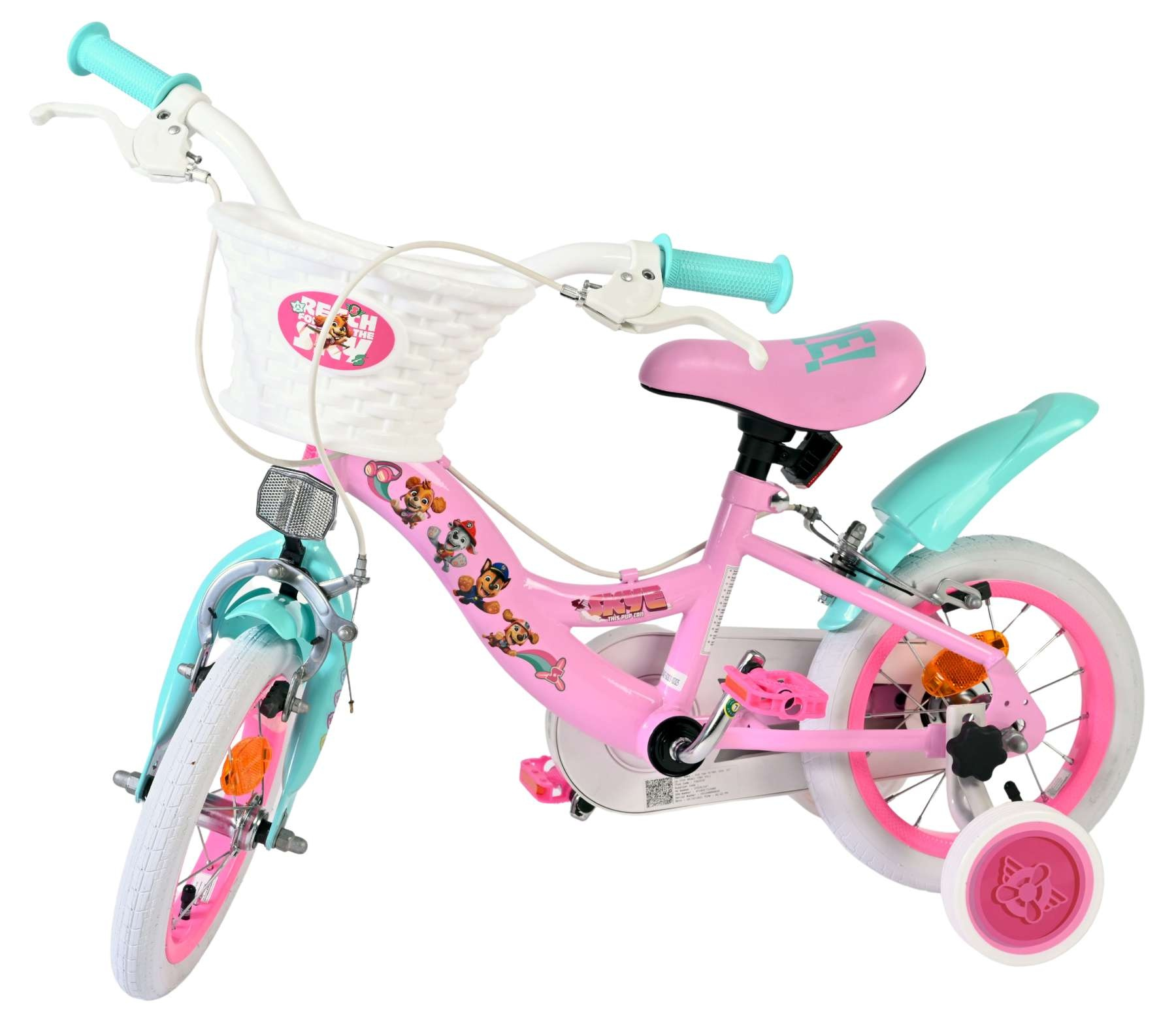 Ein pinkes Kinderfahrrad mit türkisfarbenen Akzenten und Paw Patrol-Motiven.