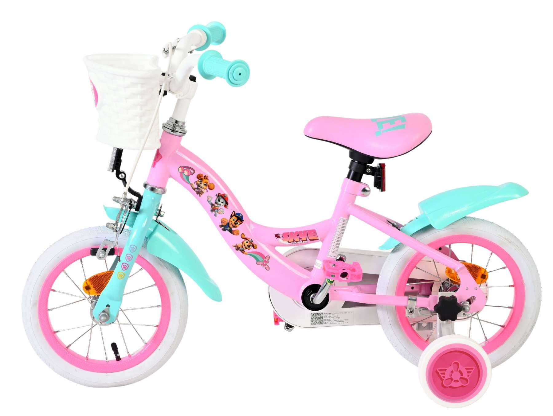 Ein rosa Kinderfahrrad mit türkisfarbenen Akzenten, Korbe und Stützrädern.
