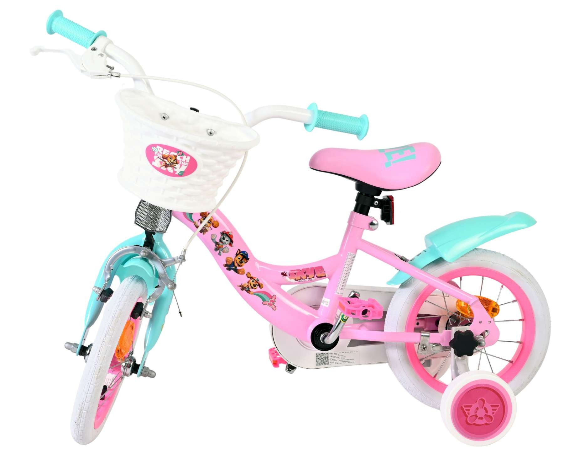 Ein rosafarbenes Kinderfahrrad mit mintgrünen Akzenten und Paw Patrol-Aufklebern.