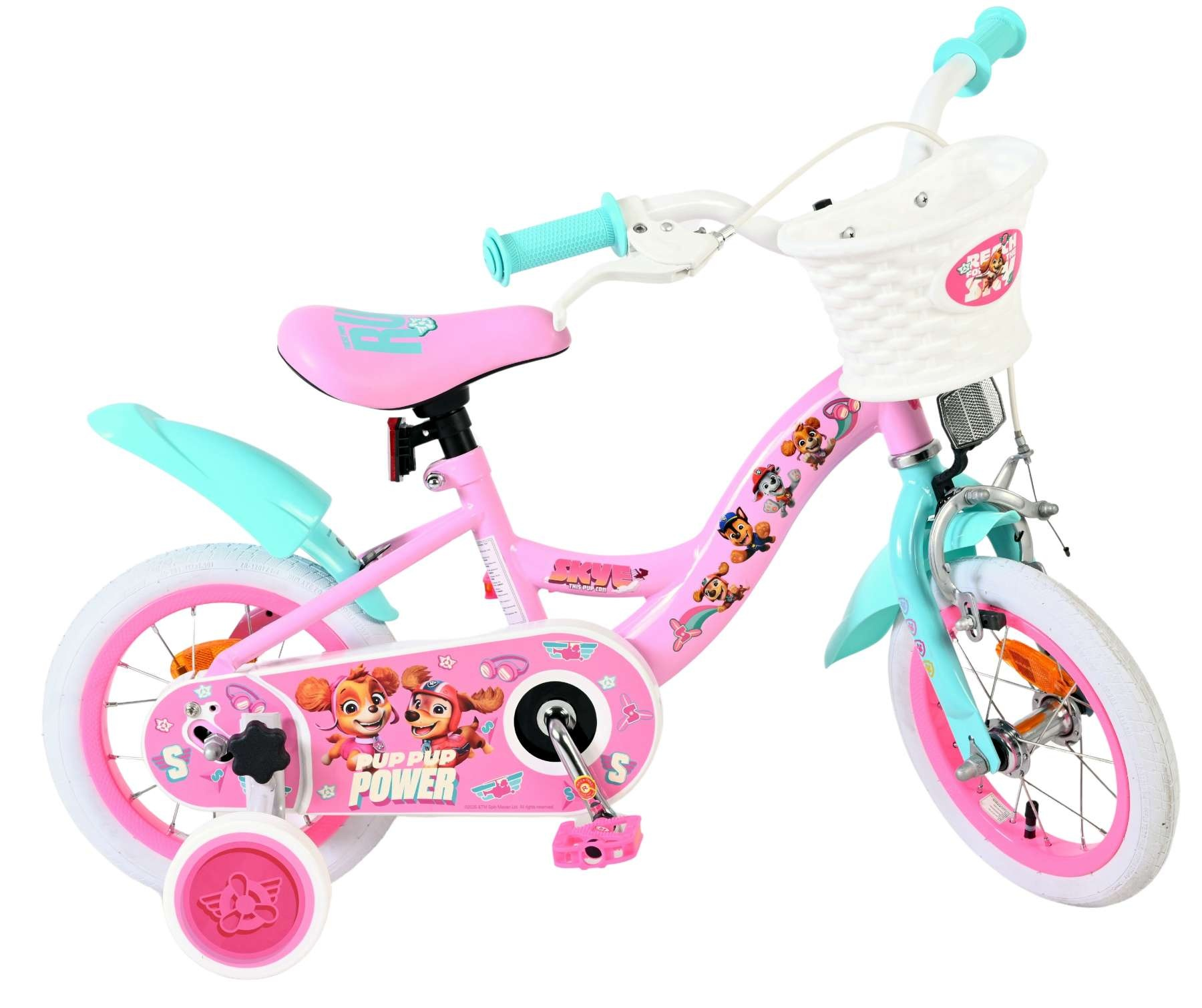 Ein rosa Kinderfahrrad mit türkisfarbenen Akzenten und Paw Patrol-Aufklebern.