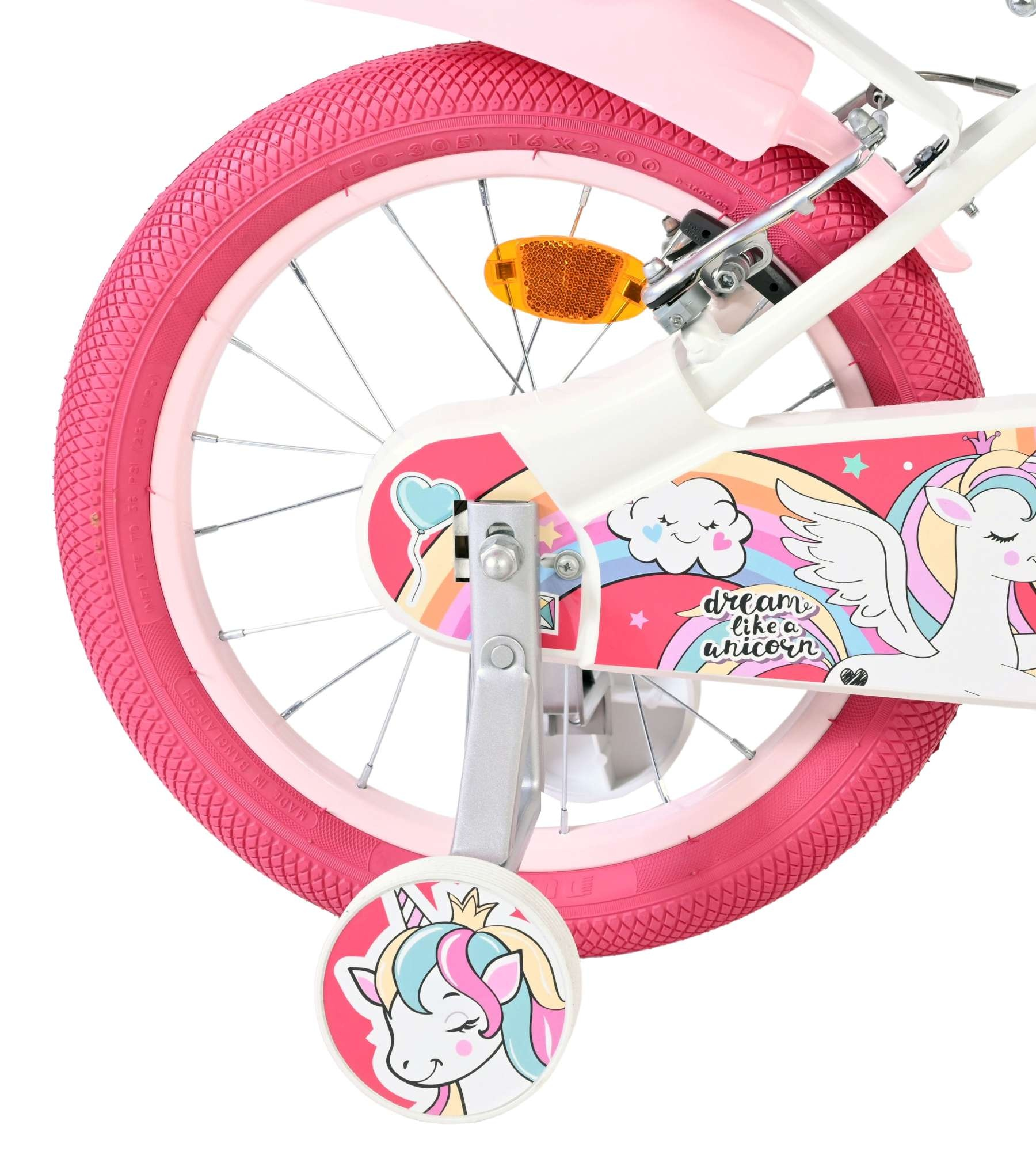Ein weißes Fahrrad mit rosa Reifen und Einhorn-Aufklebern.