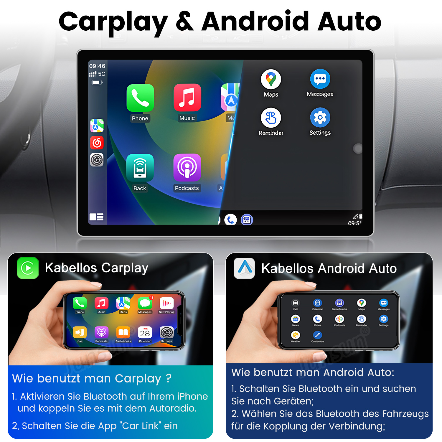 Bildschirm mit Carplay- und Android-Auto-Symbolen, sowie Anleitungen.