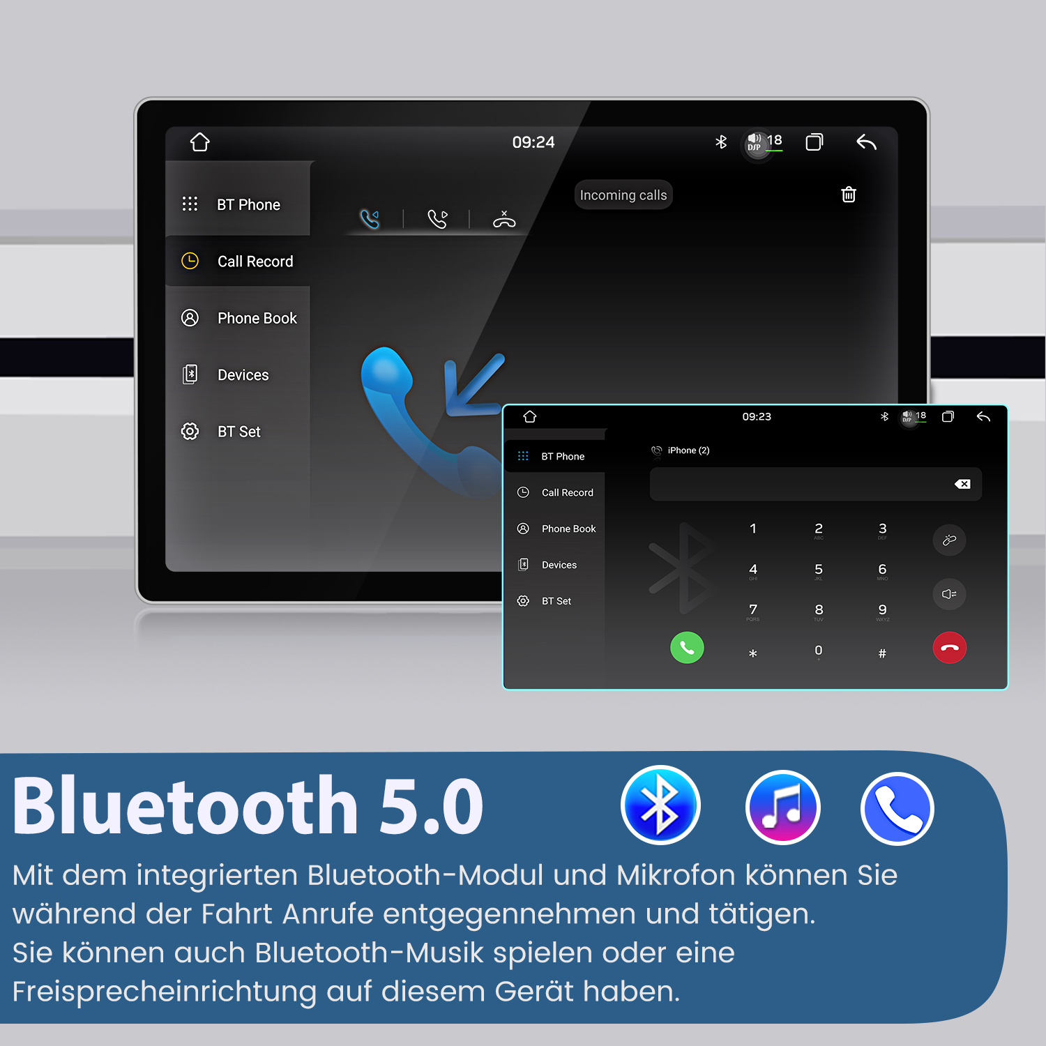 Ein Auto-Infotainment-System zeigt Telefonfunktionen wie Anrufliste, Kontakte und Bluetooth-Einstellungen.