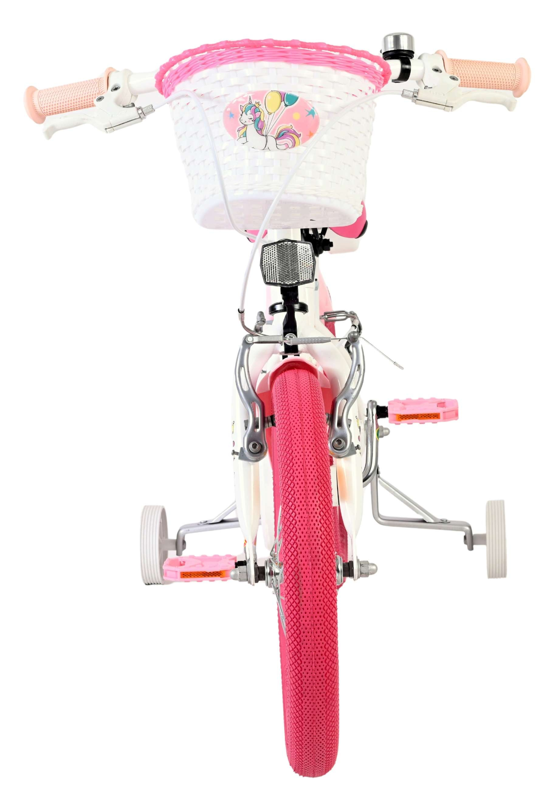 Ein rosa und weißes Kinderfahrrad mit Stützrädern und einem Einhornkorb.