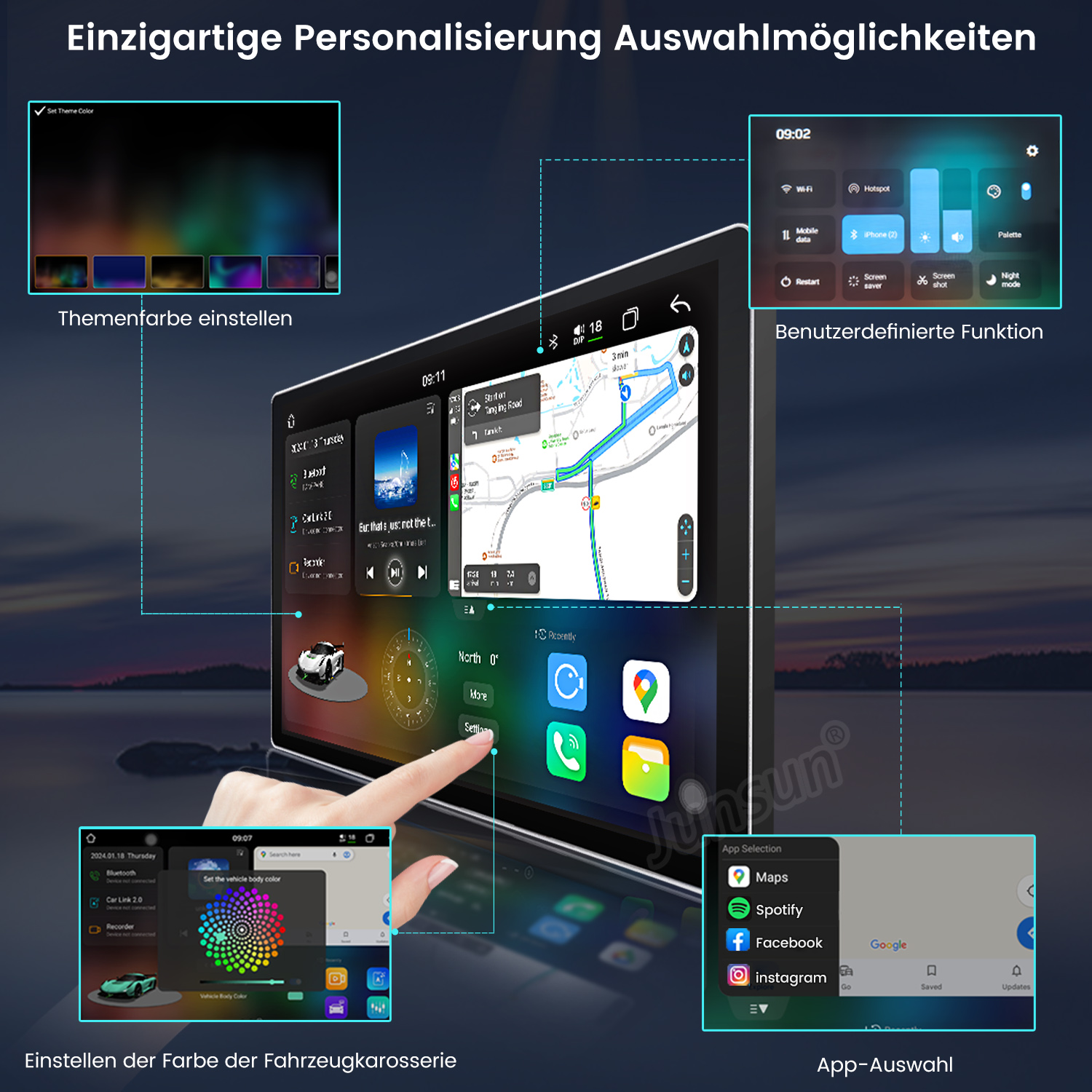 Ein Auto-Infotainmentsystem zeigt Personalisierungsoptionen, Navigation und Apps.