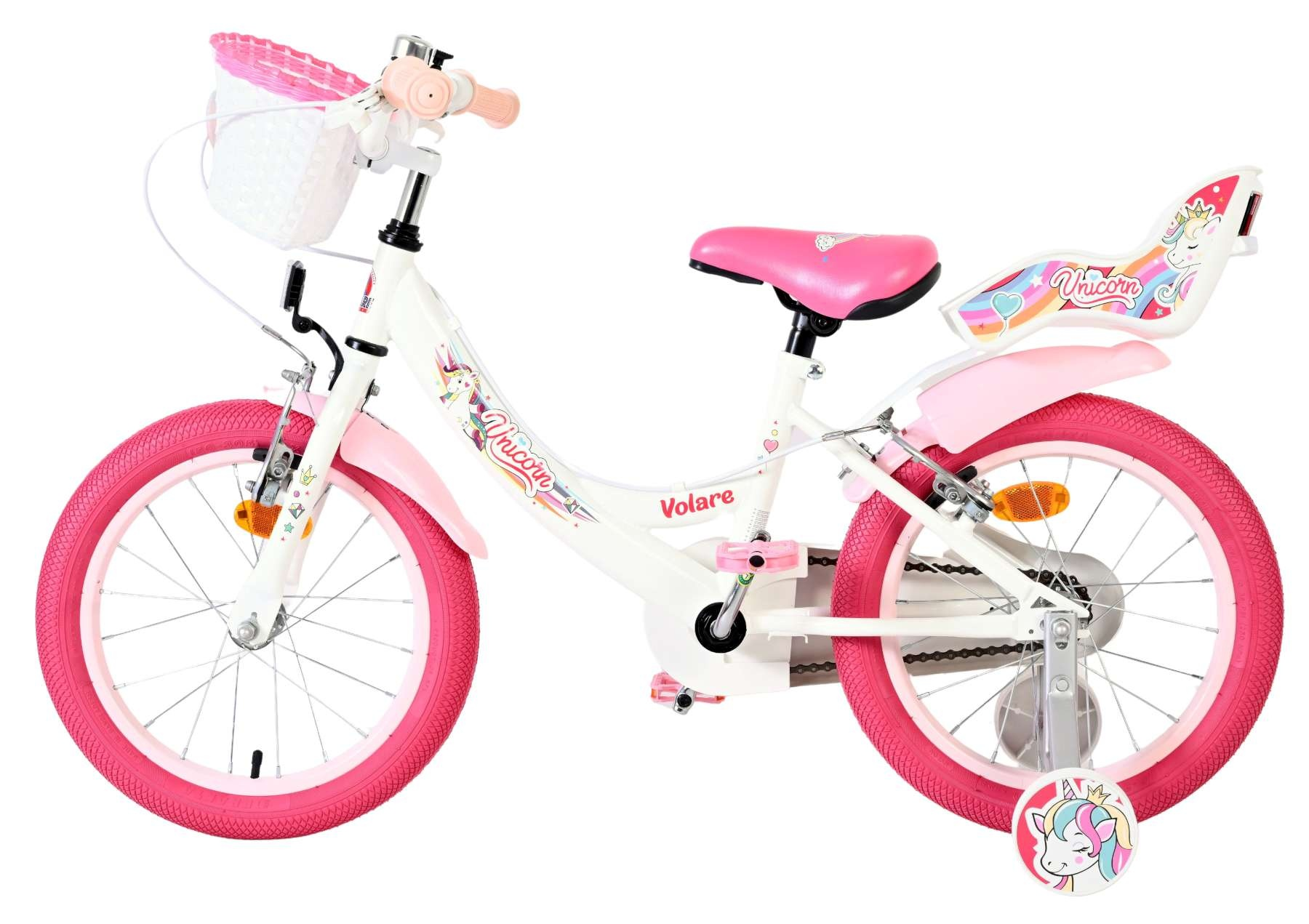 Ein weißes Kinderfahrrad mit rosa Reifen, Lenker und Sattel. Mit Einhorn-Motiv.