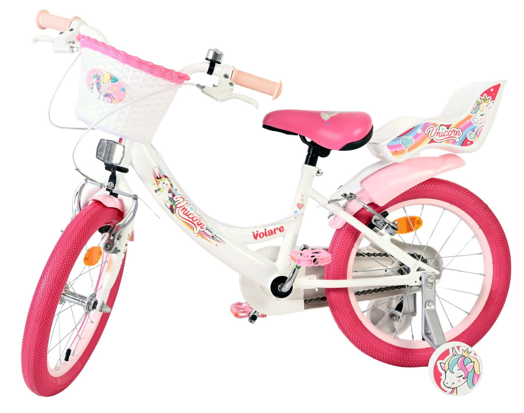 Ein weißes Kinderfahrrad mit rosa Reifen, Korb und Einhorn-Motiv.