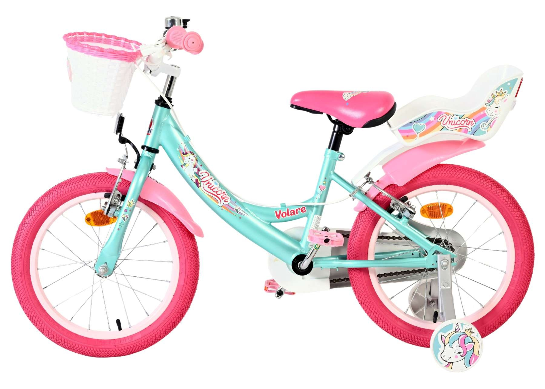 Ein türkisfarbenes Kinderfahrrad mit rosa Rädern, Griffen und Sitz.