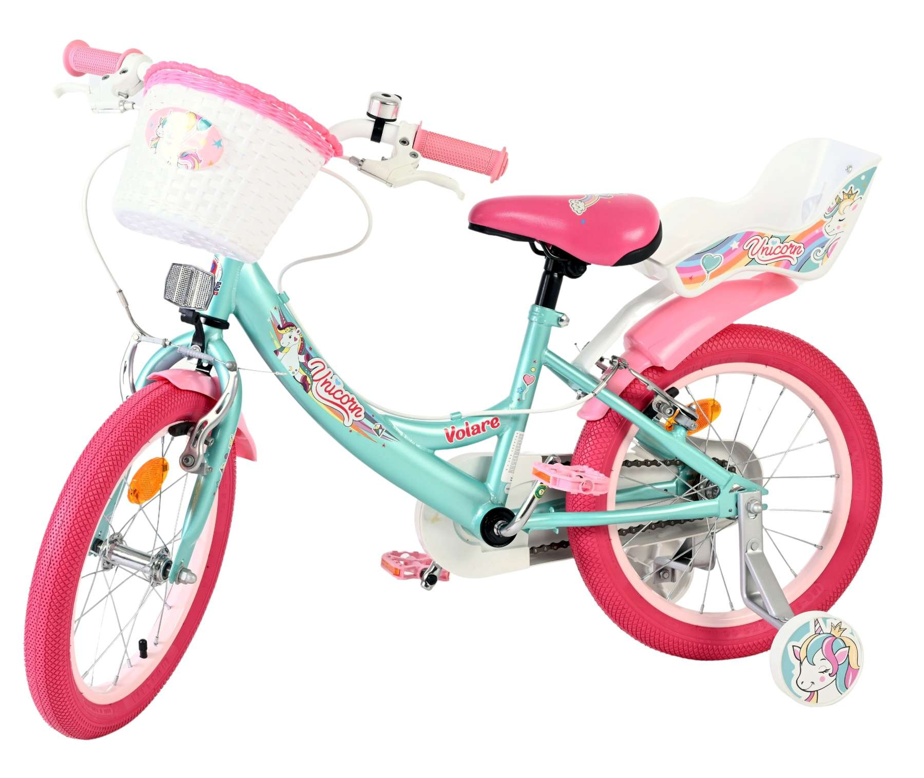 Türkisblaues Kinderfahrrad mit rosa Akzenten, Korb und Stützrädern.