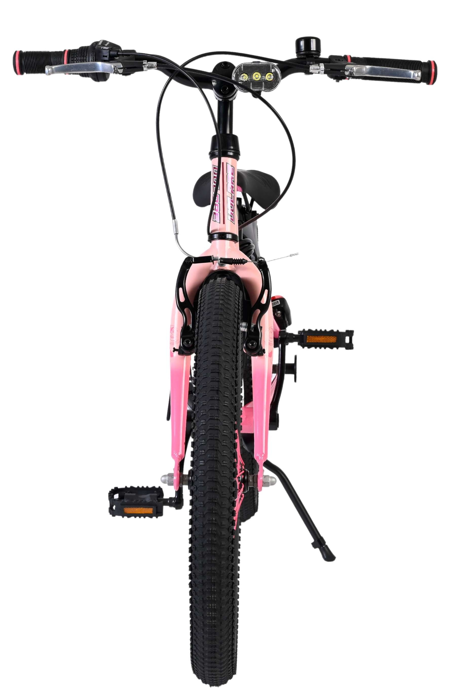 Rosa Fahrrad von vorne mit breiten Reifen, Lichtern und Klingel.