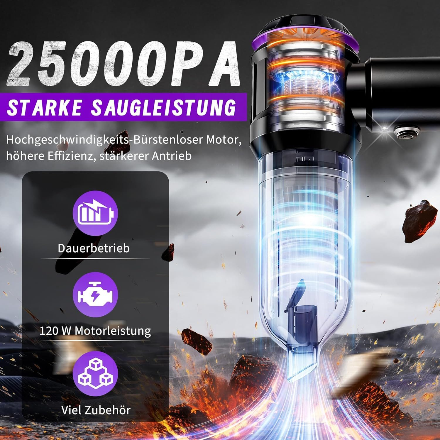 Mocny odkurzacz z mocą ssania 25000PA, silnik bezszczotkowy, 120W.