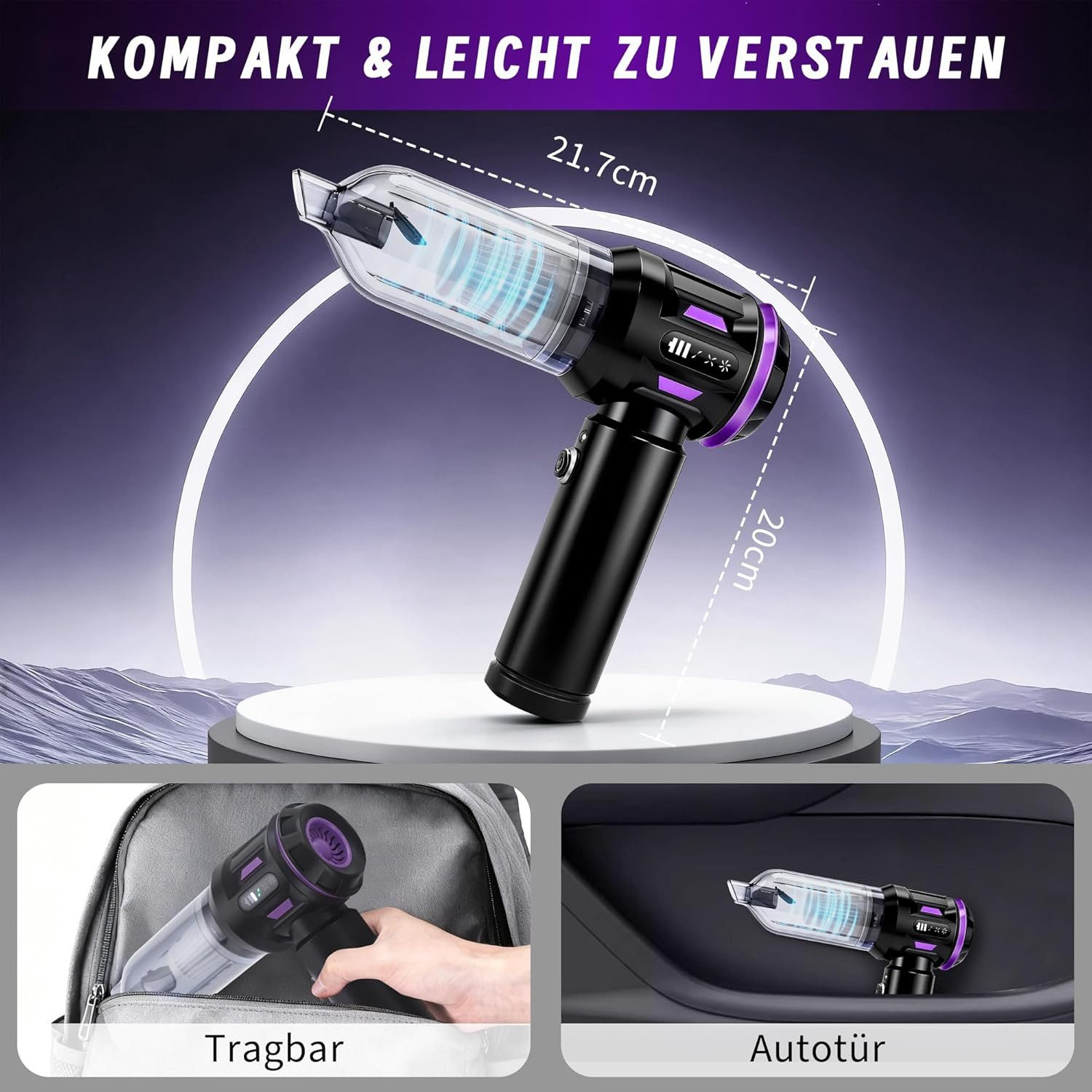 Kompaktowy czarny odkurzacz ręczny z fioletowymi akcentami, 21,7 cm.