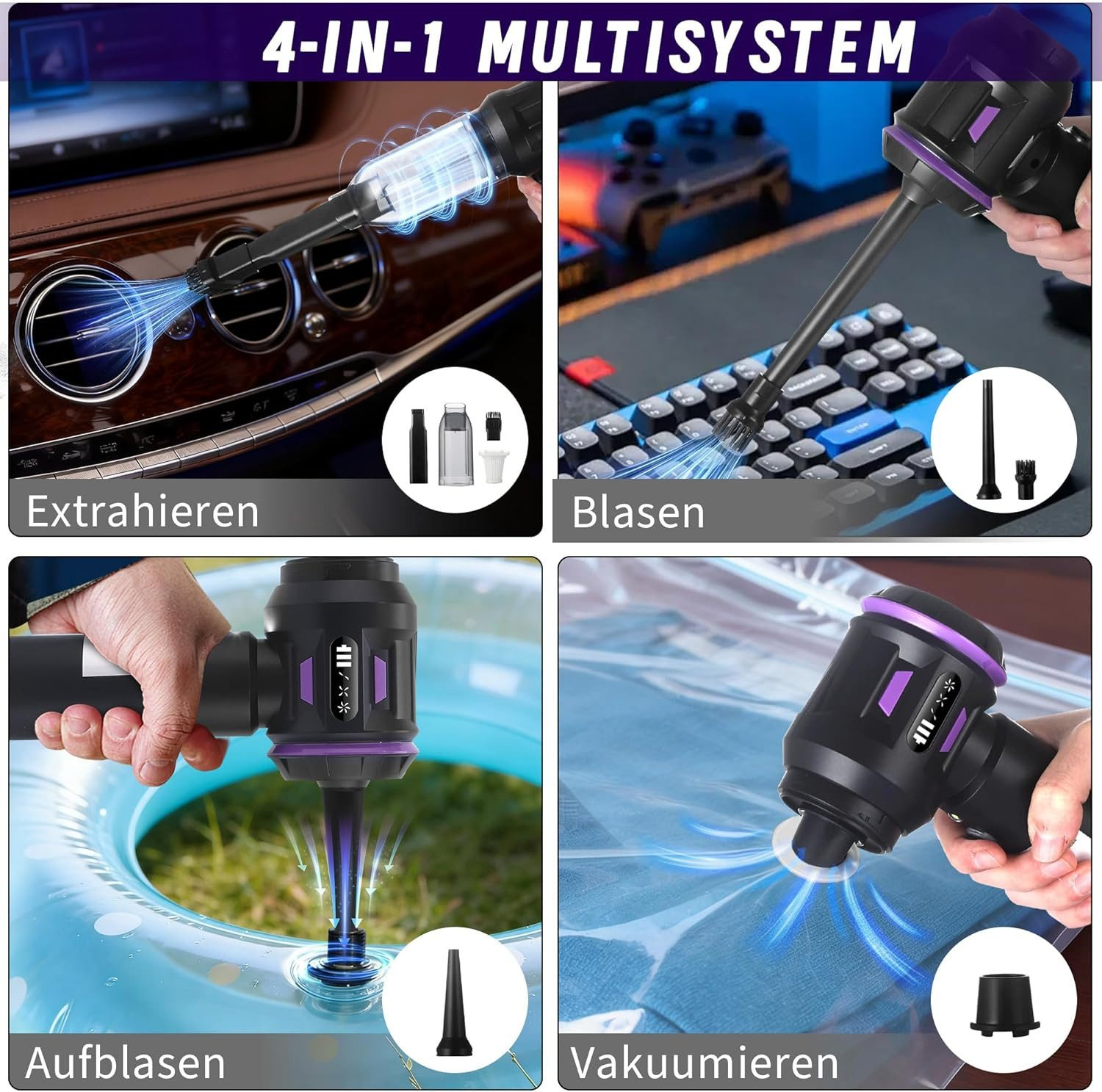 Cztery funkcje: odkurzanie auta, dmuchanie klawiatury, pompowanie, pakowanie próżniowe.
