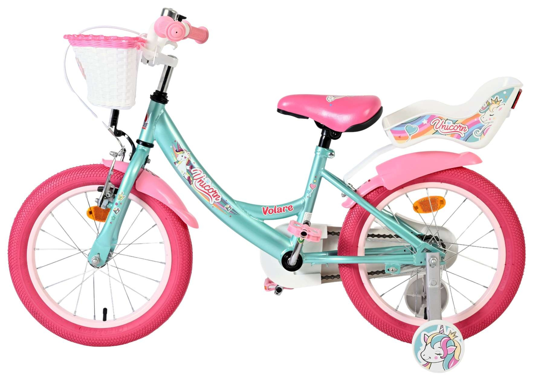Türkisfarbenes Kinderfahrrad mit rosa Akzenten, Korb und Einhorn-Motiven.