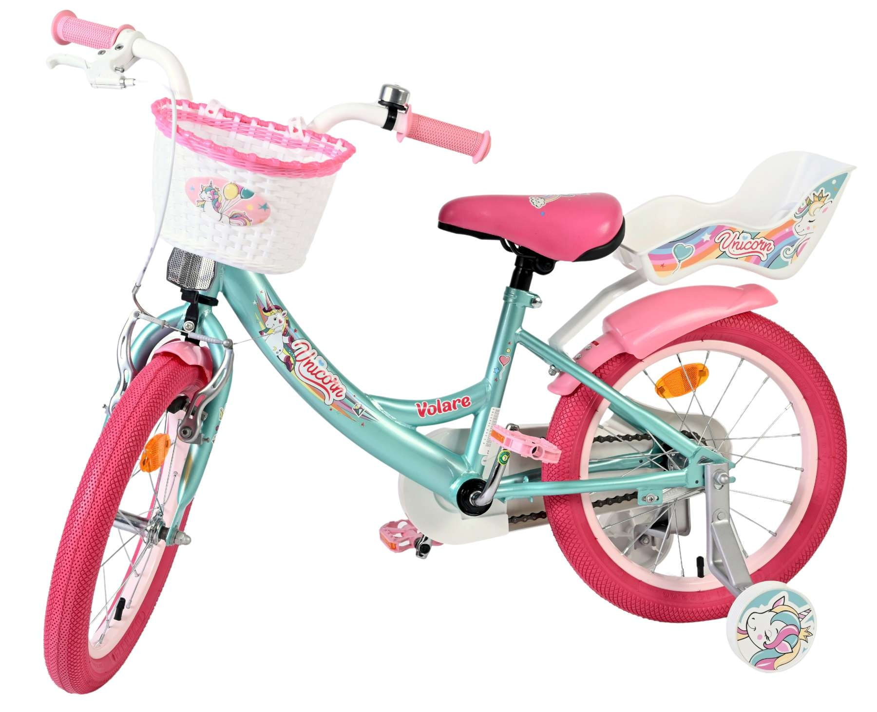 Ein türkisfarbenes und pinkes Fahrrad im Einhorn-Design mit Stützrädern und vorderem Korb.