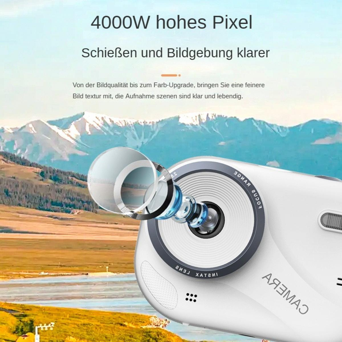 Nahaufnahme einer weißen Kamera mit zoomendem Objektiv vor Bergkulisse.