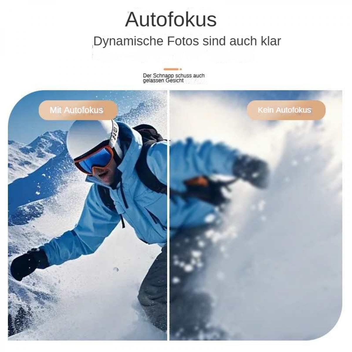 Zwei Bilder von Snowboardern: Links scharf mit Autofokus, rechts unscharf ohne.