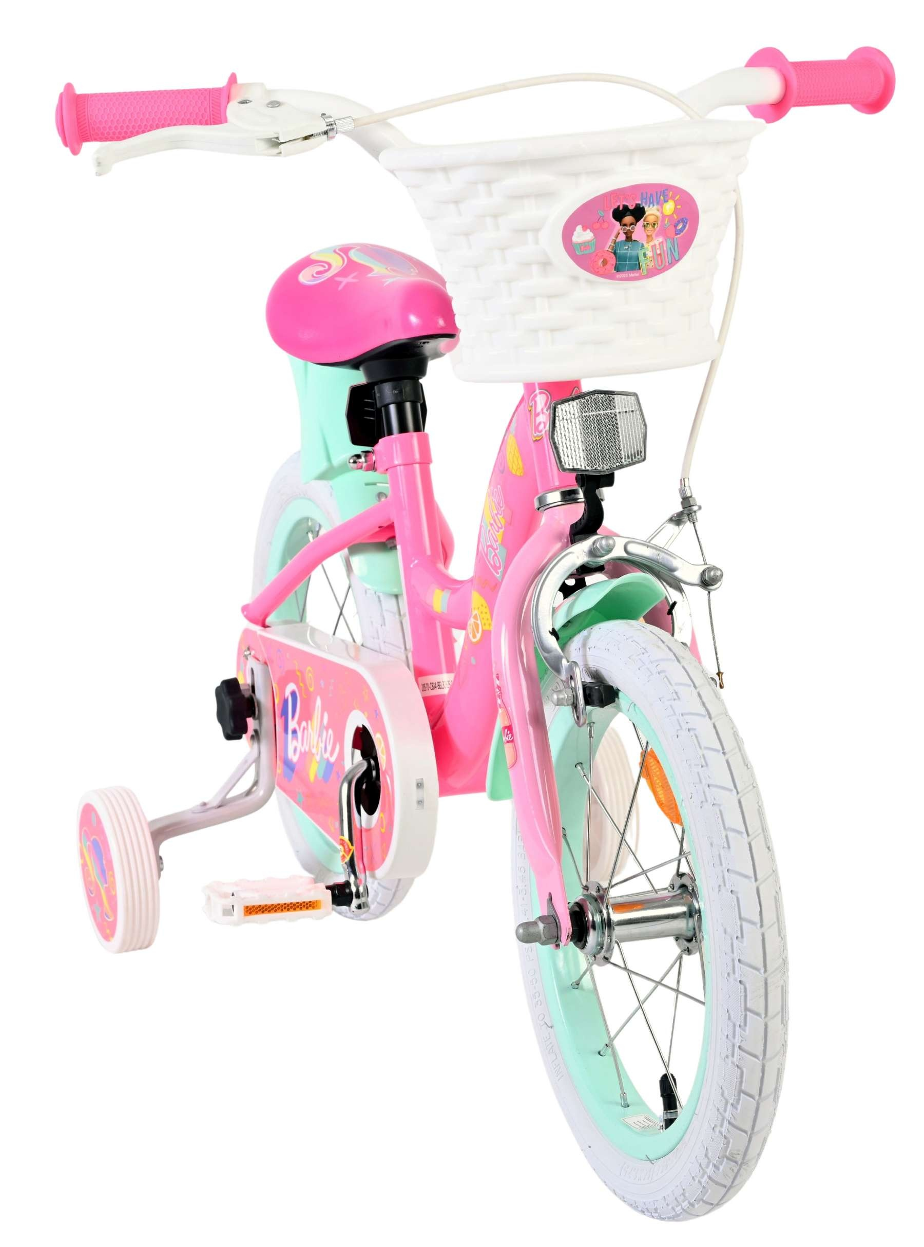 Ein pinkfarbenes Barbie-Fahrrad mit Stützrädern und einem weißen Korb.