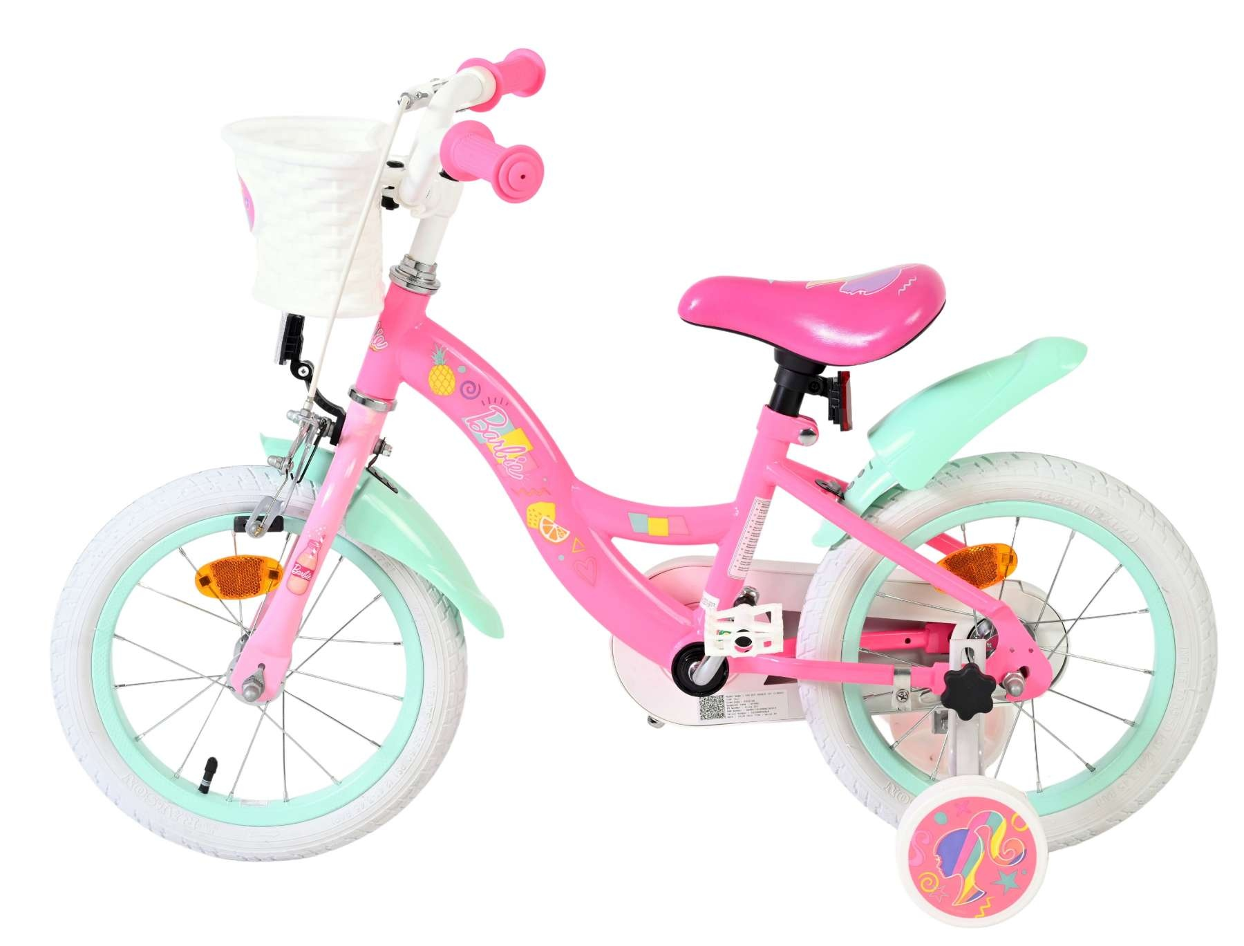 Ein rosafarbenes Kinderfahrrad mit mintgrünen Akzenten, weißem Korb und Stützrädern.