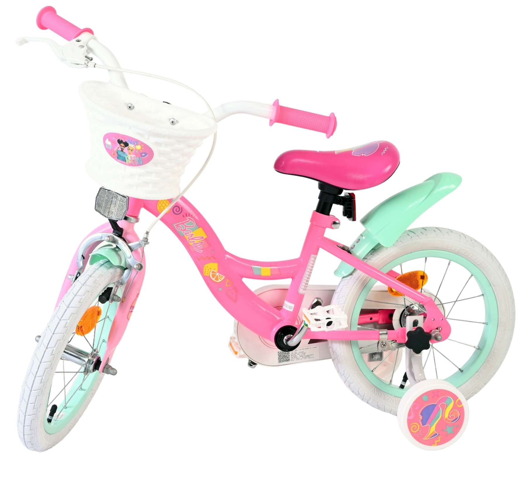 Ein rosa Barbie-Fahrrad mit weißen Reifen, mintgrünen Schutzblechen und Stützrädern.