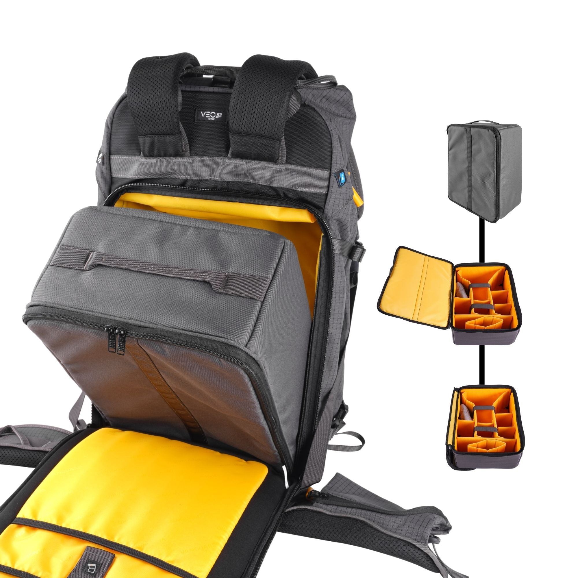 Grauer Rucksack mit gelbem Innenfutter und herausnehmbaren Einsätzen.
