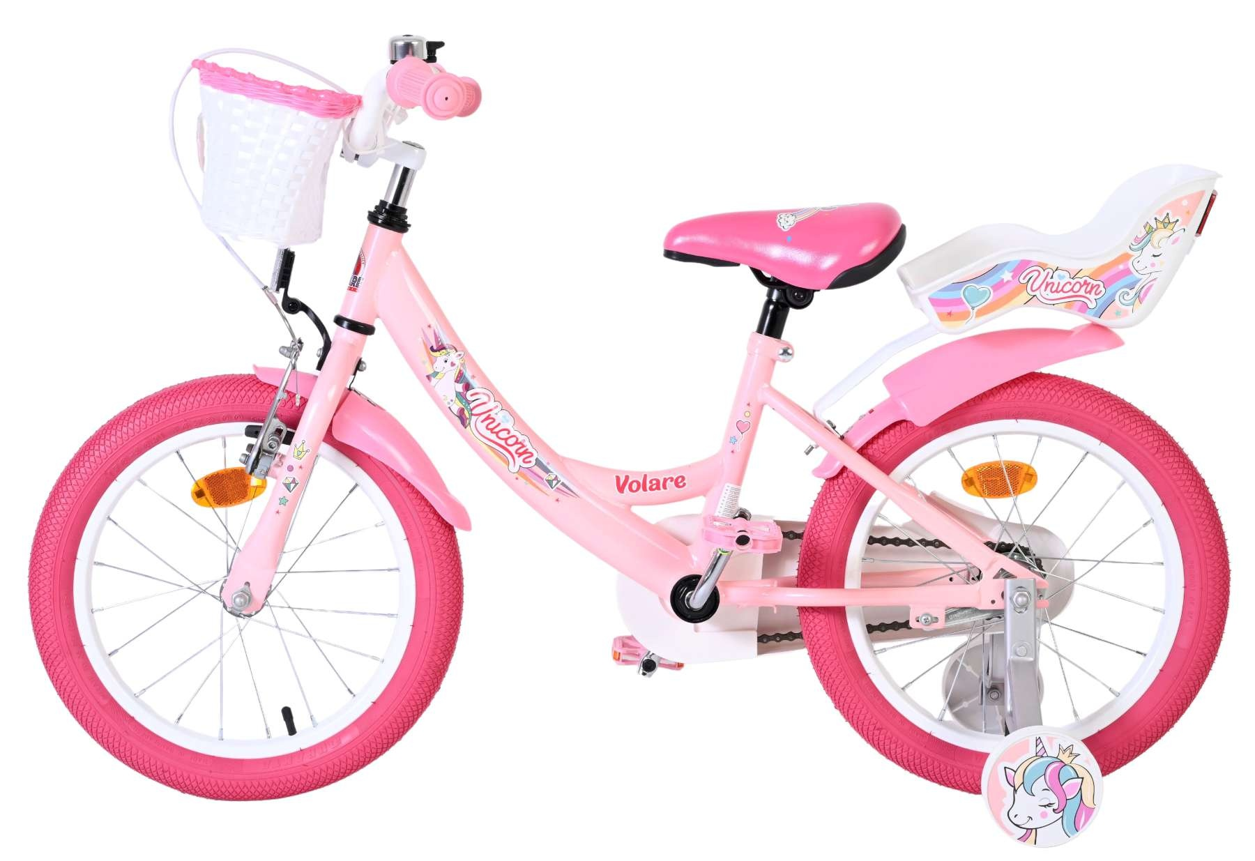 Ein rosa Kinderfahrrad mit weißen Felgen, pinken Reifen und Einhorn-Motiven.