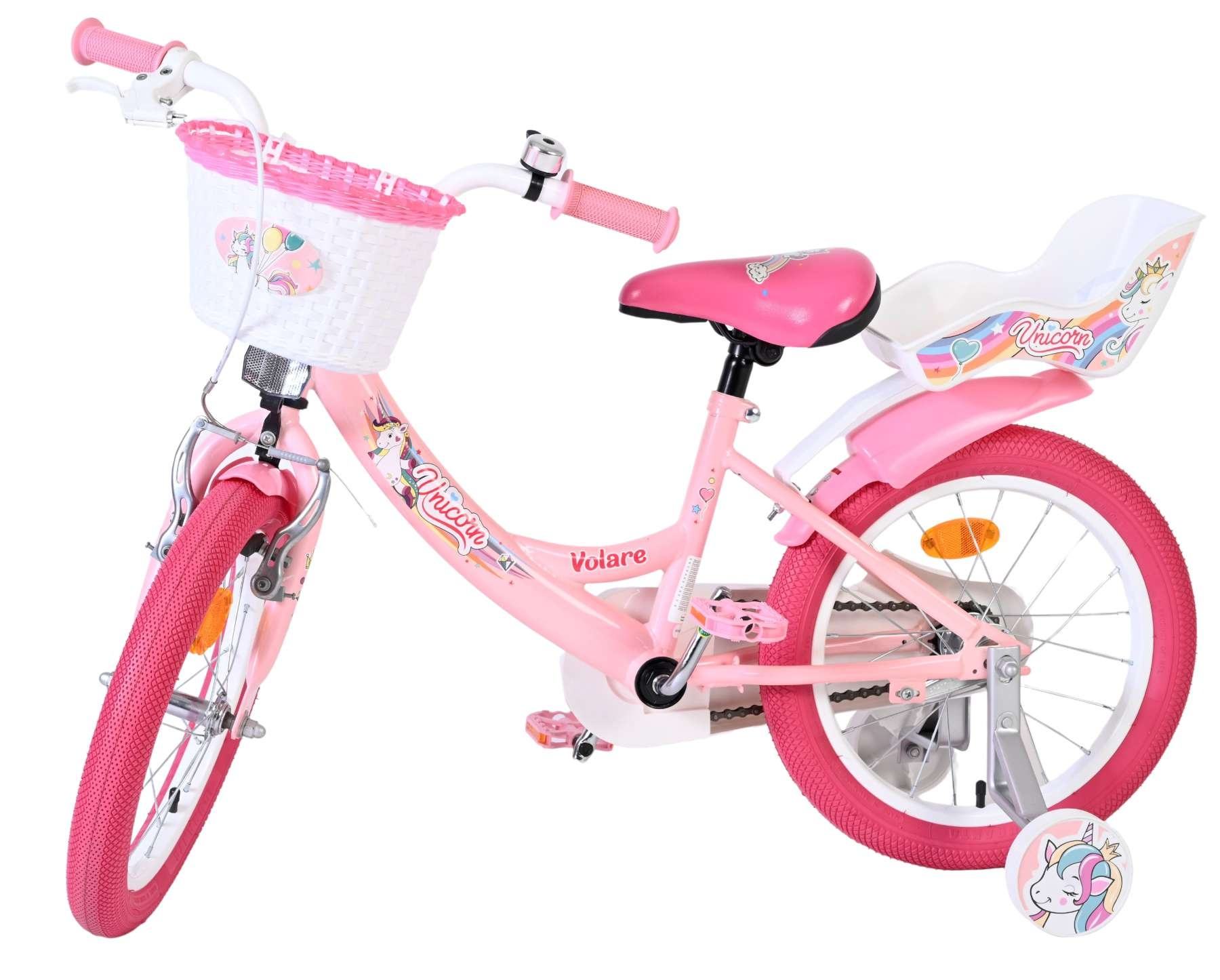 Ein rosa Kinderfahrrad mit Einhorn-Motiv, weißem Korb und Stützrädern.