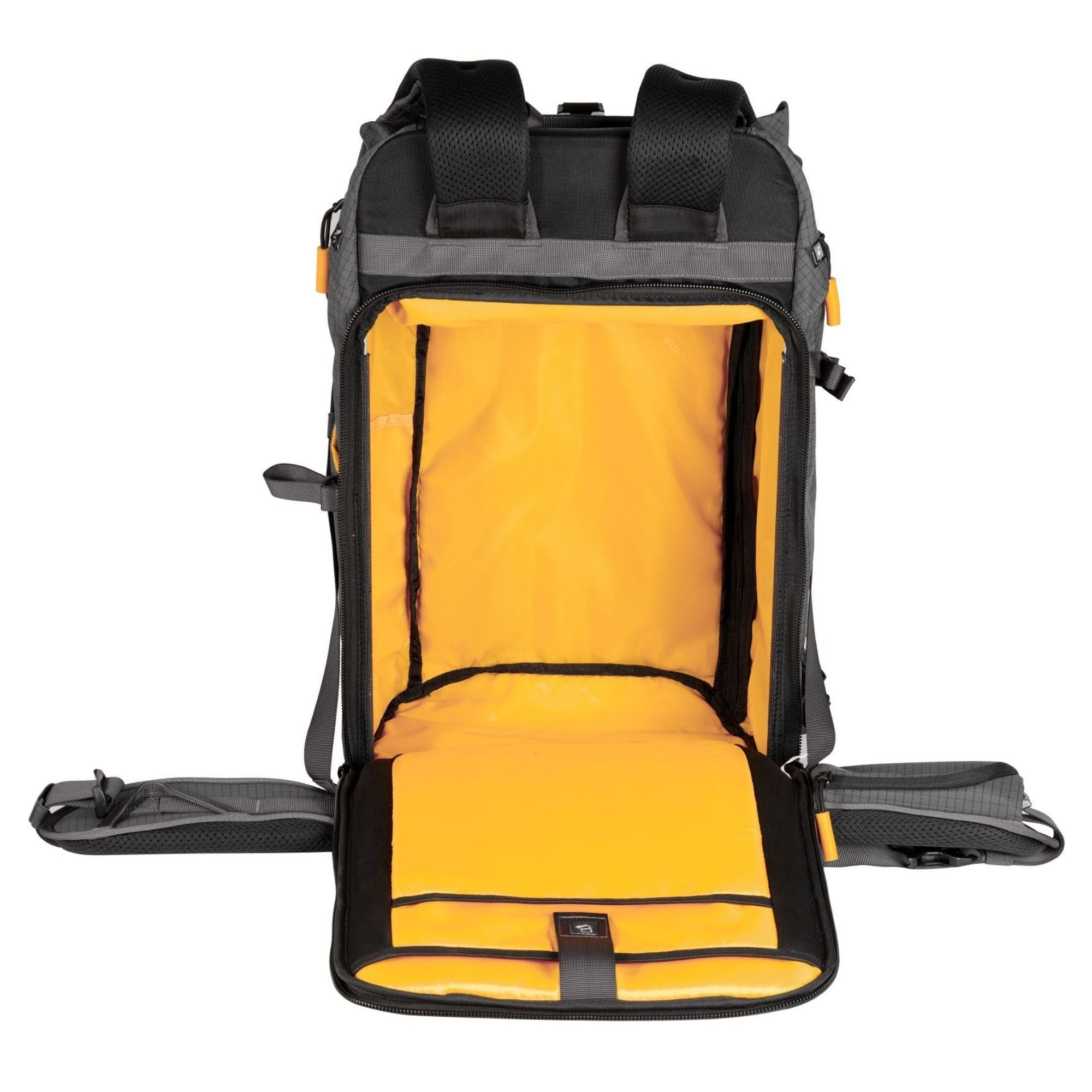 Una mochila gris abierta con forro interior amarillo brillante.