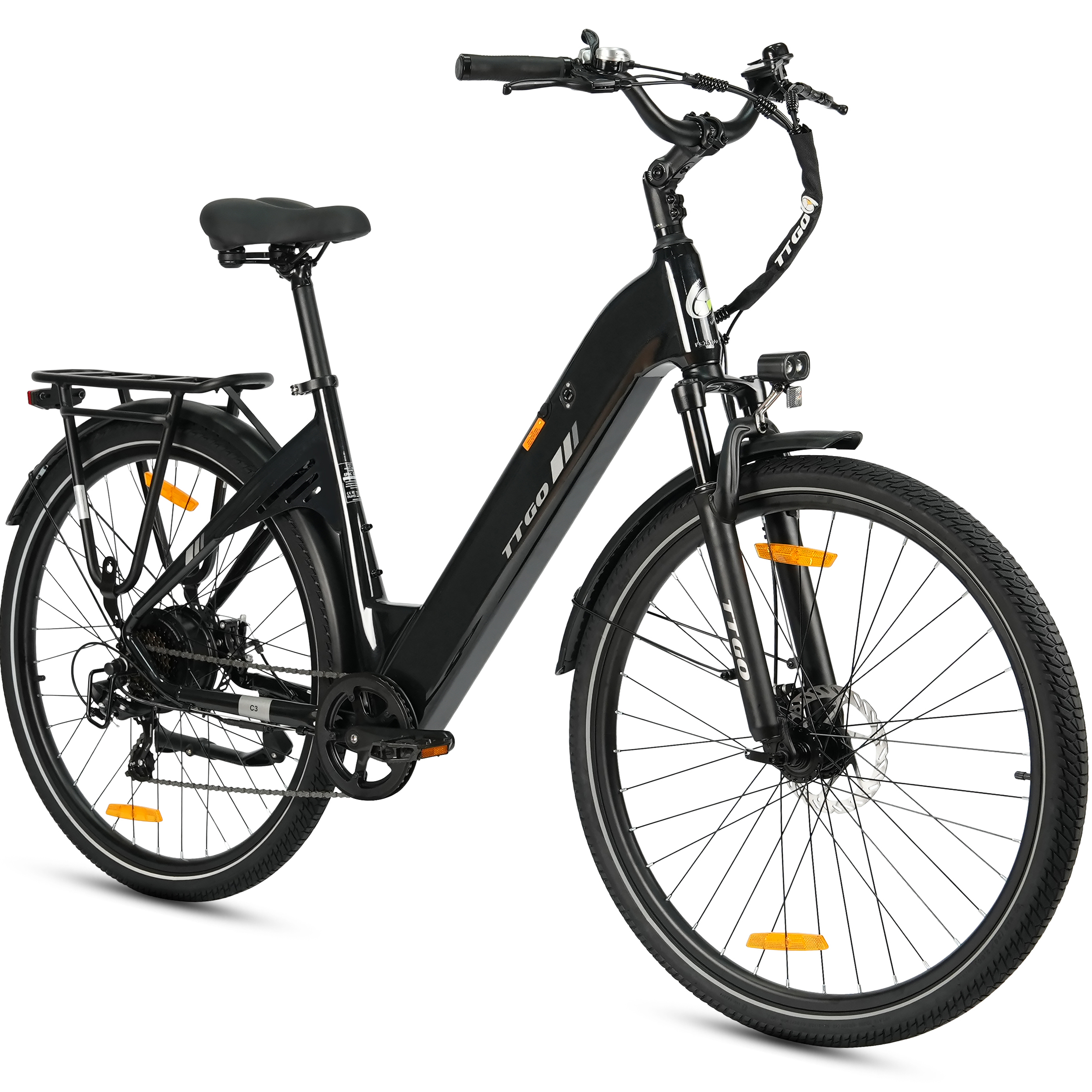 Schwarzes E-Bike mit Gepäckträger, Scheibenbremsen und breiten Reifen.