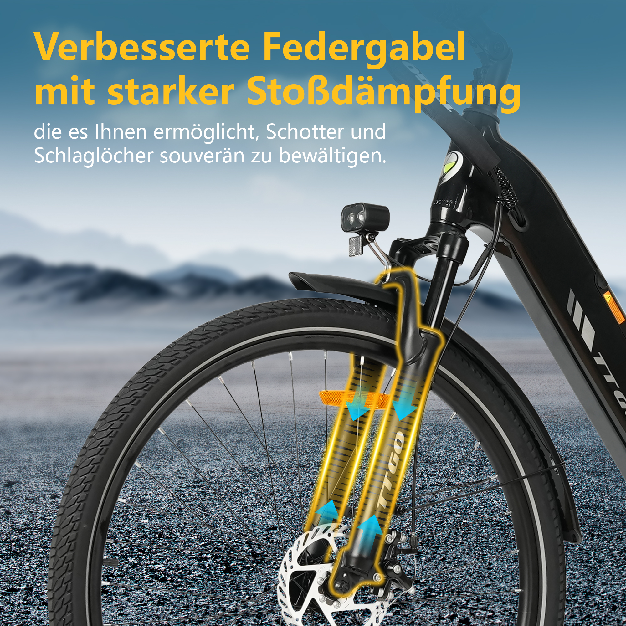 Eine Fahrradgabel mit Stoßdämpfung, die Schotter und Schlaglöcher bewältigt.